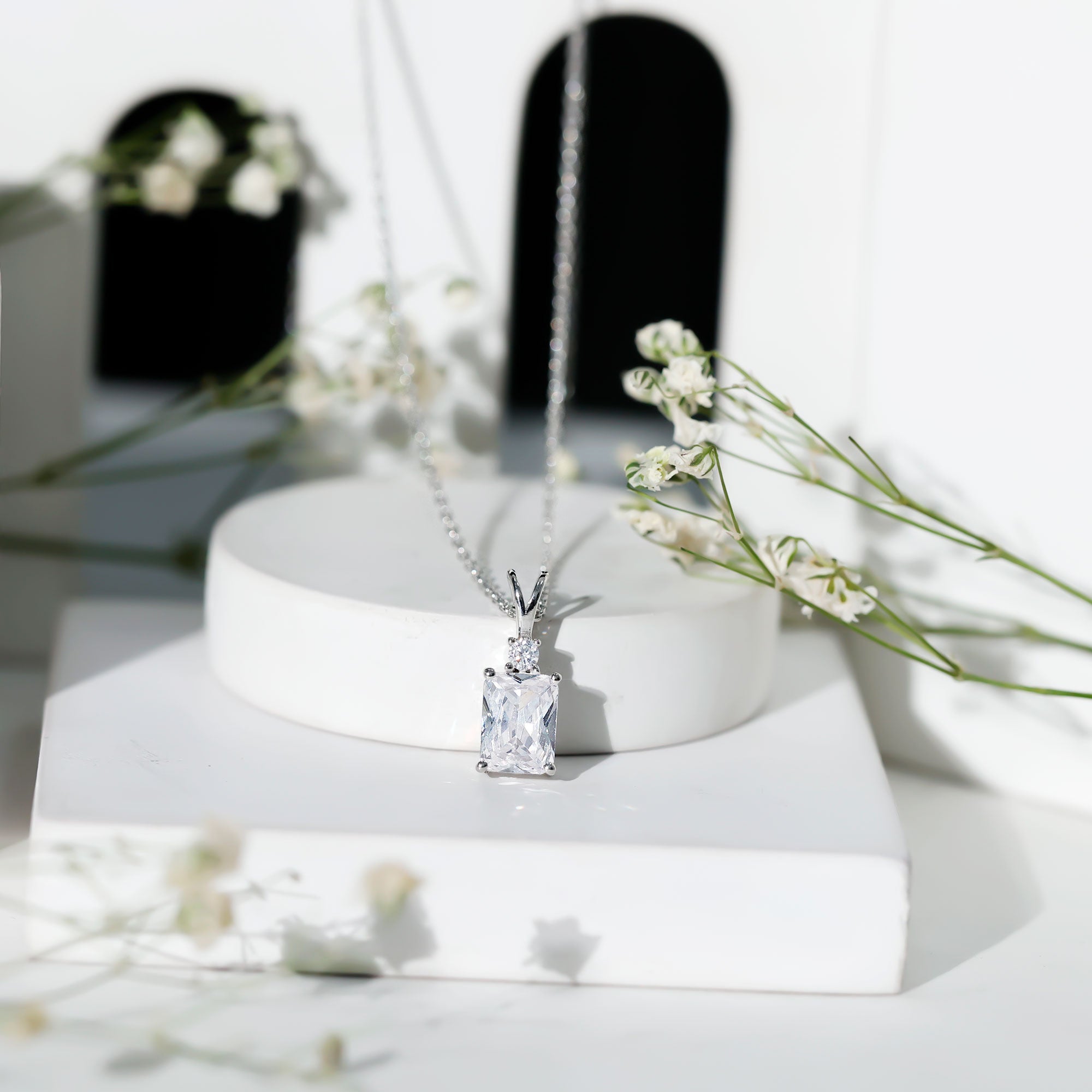 Certified 6X8 MM Emerald Cut CZ Diamond Solitaire Necklace with Silver Chain