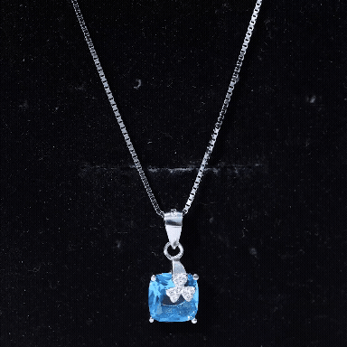 8MM Blue Cubic Zirconia Solitaire Necklace with Silver Chain