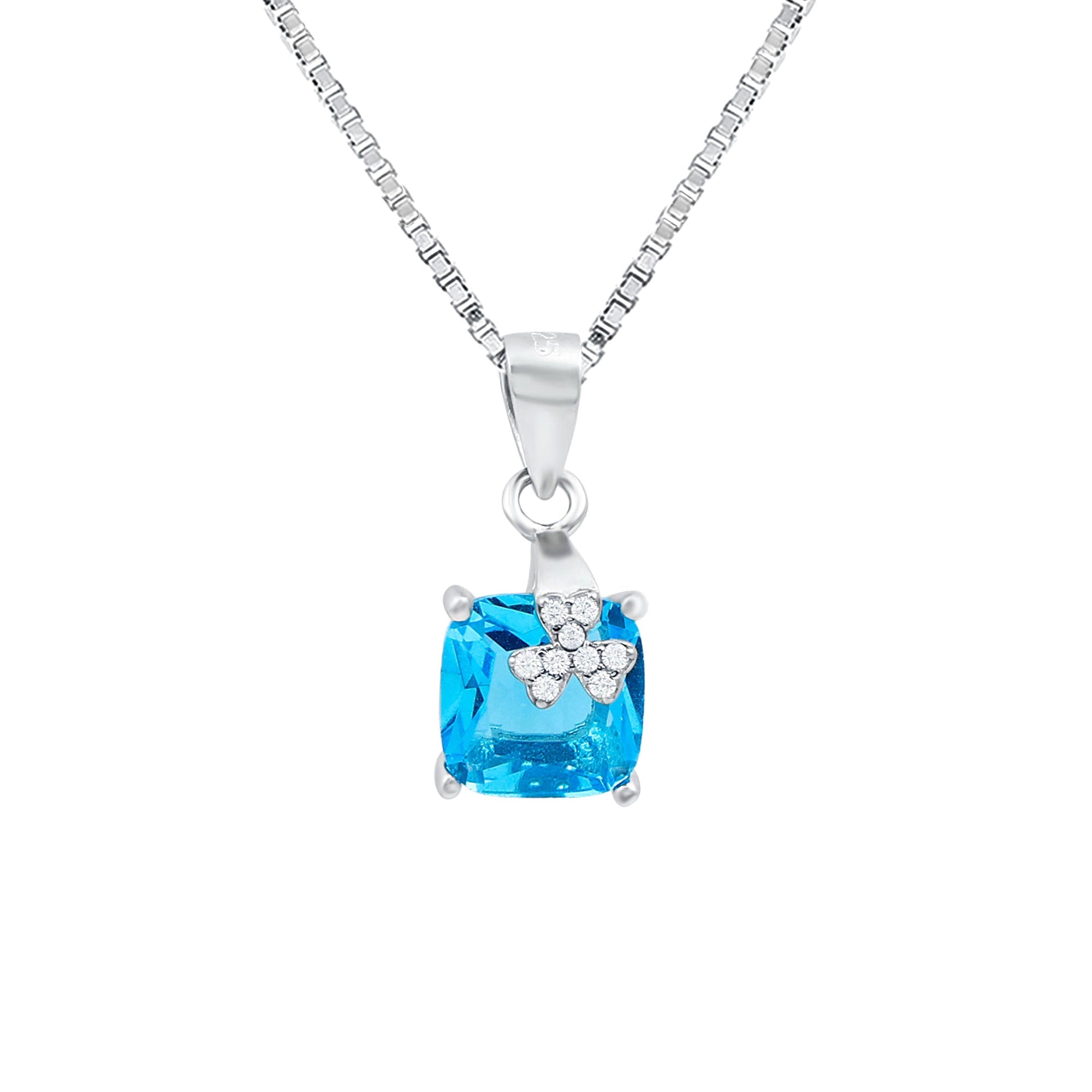 8MM Blue Cubic Zirconia Solitaire Necklace with Silver Chain