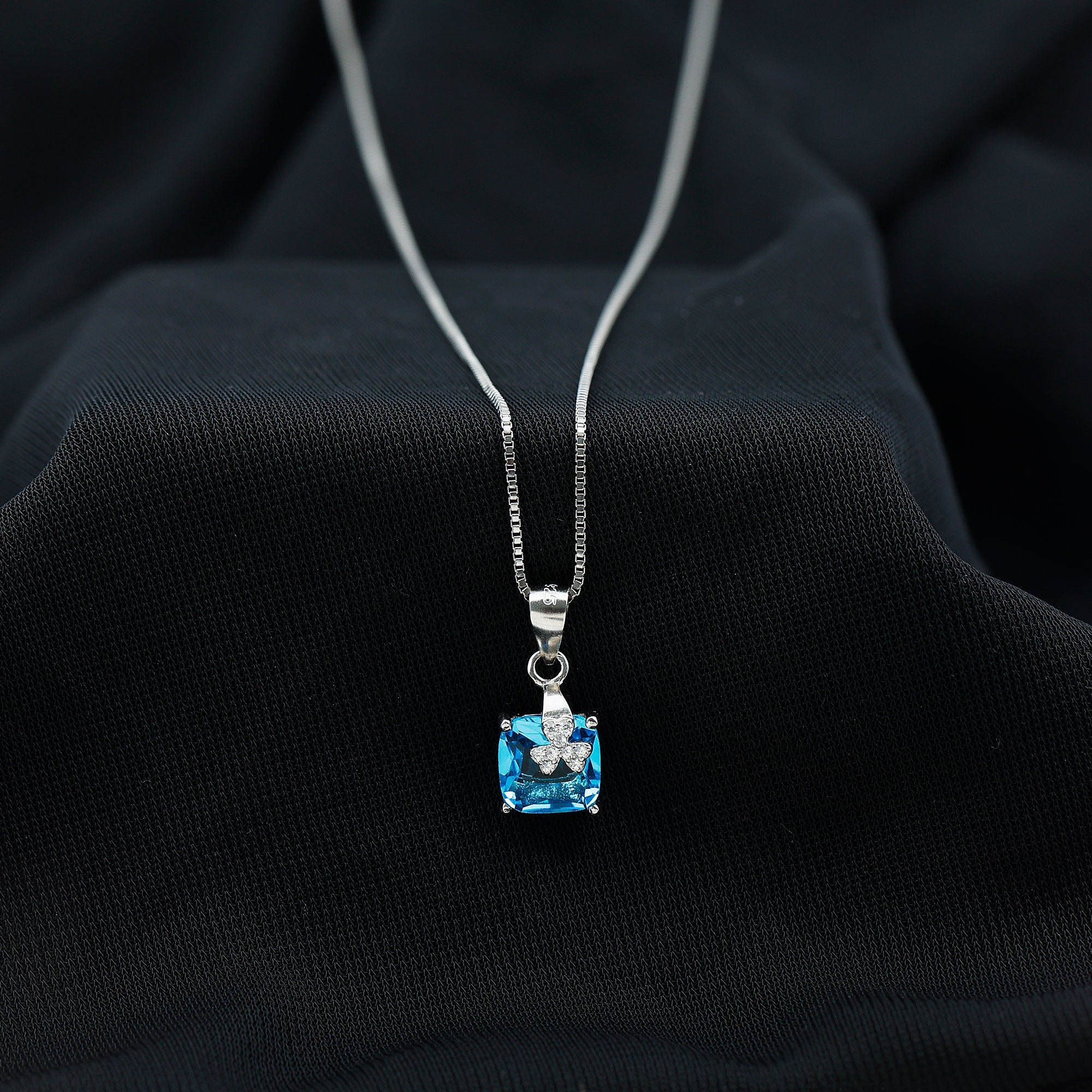 8MM Blue Cubic Zirconia Solitaire Necklace with Silver Chain