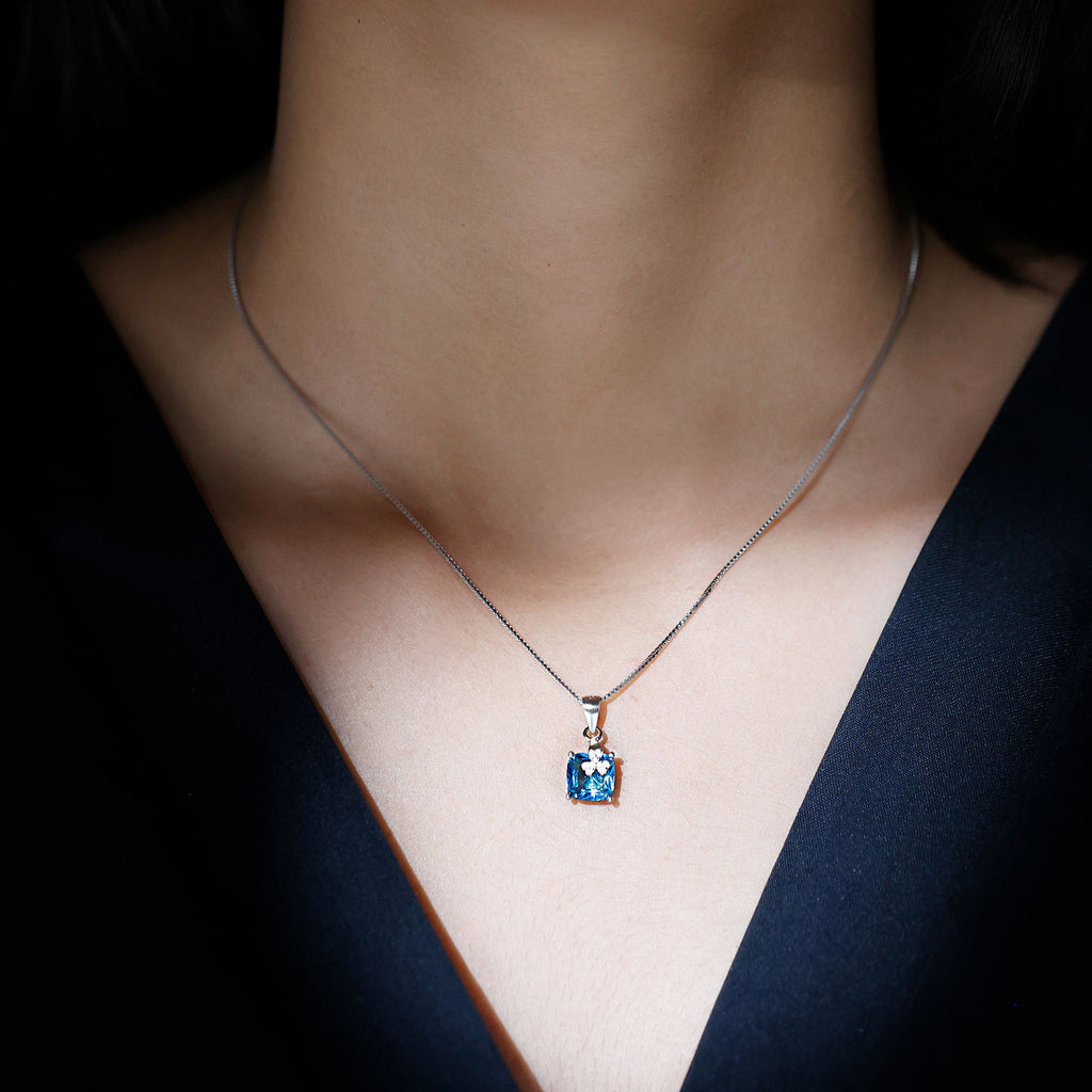 8MM Blue Cubic Zirconia Solitaire Necklace with Silver Chain