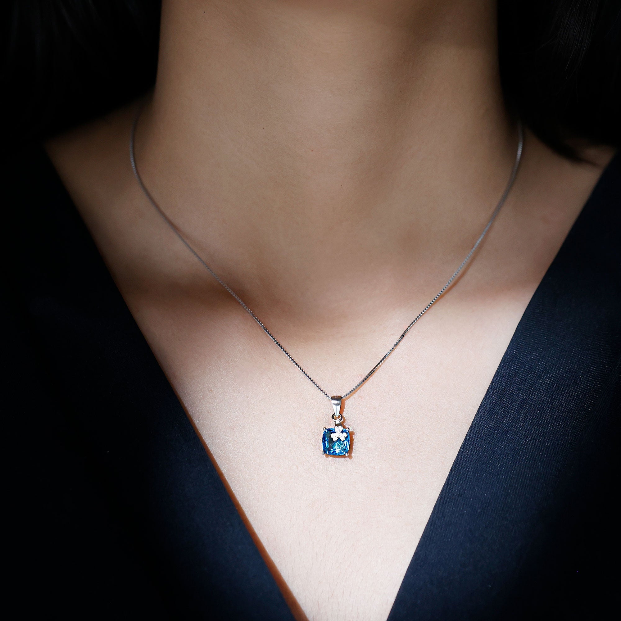 8MM Blue Cubic Zirconia Solitaire Necklace with Silver Chain
