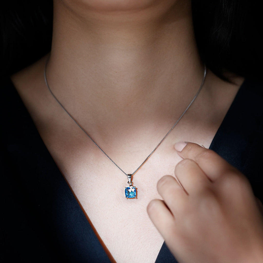 8MM Blue Cubic Zirconia Solitaire Necklace with Silver Chain