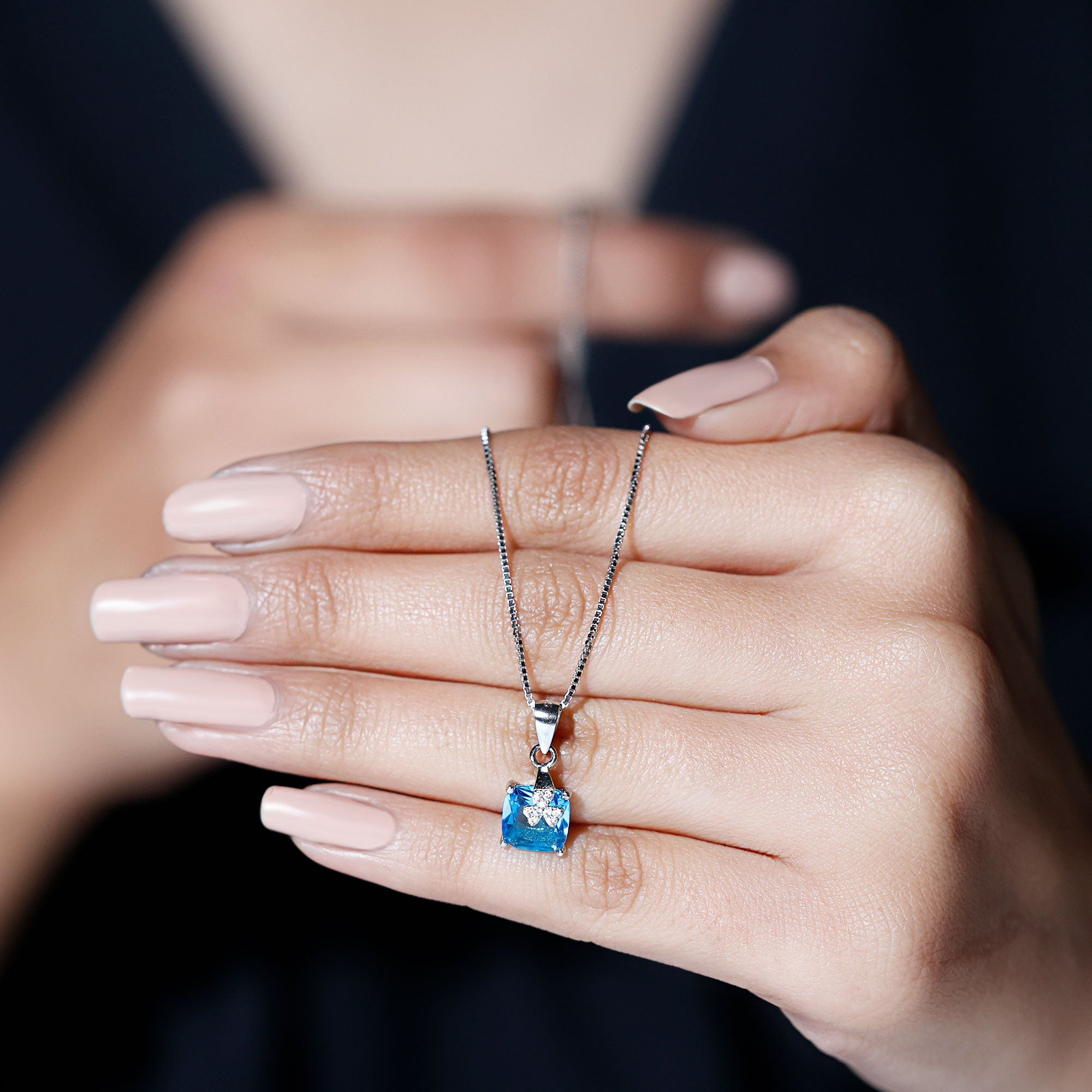 8MM Blue Cubic Zirconia Solitaire Necklace with Silver Chain