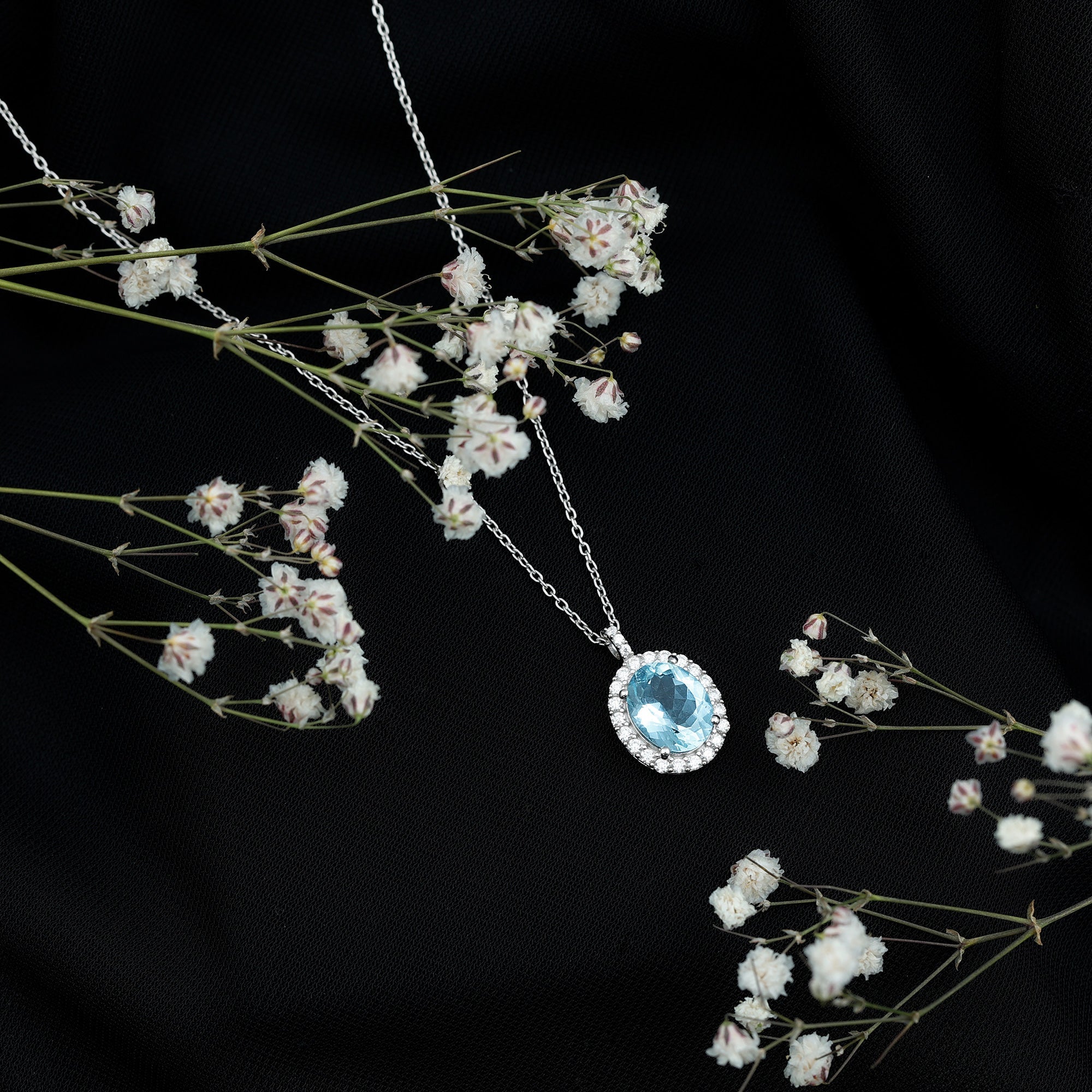 Oval Shaped 8X10 MM Aquamarine Statement Necklace Moissanite Halo