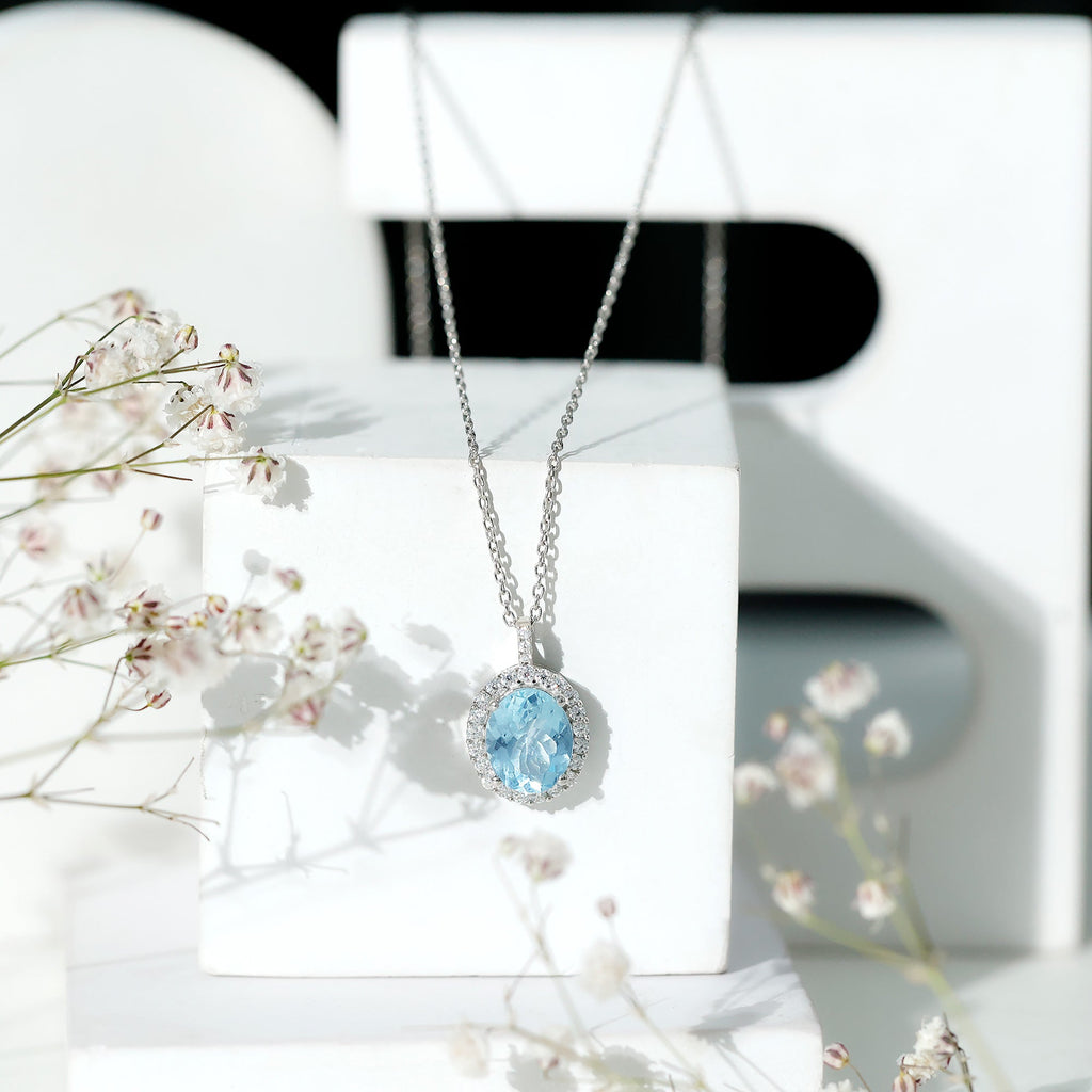 Oval Shaped 8X10 MM Aquamarine Statement Necklace Moissanite Halo