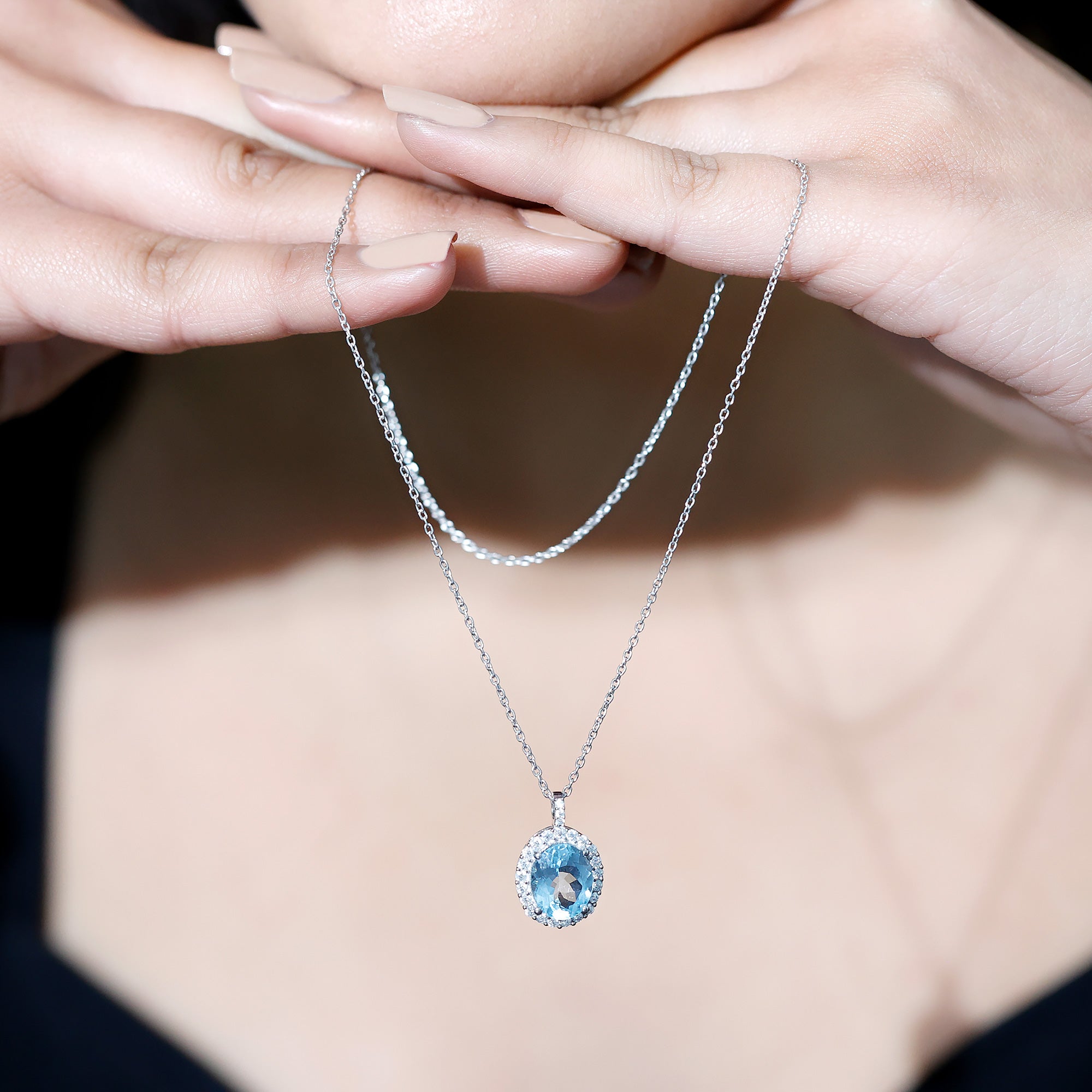 Oval Shaped 8X10 MM Aquamarine Statement Necklace Moissanite Halo