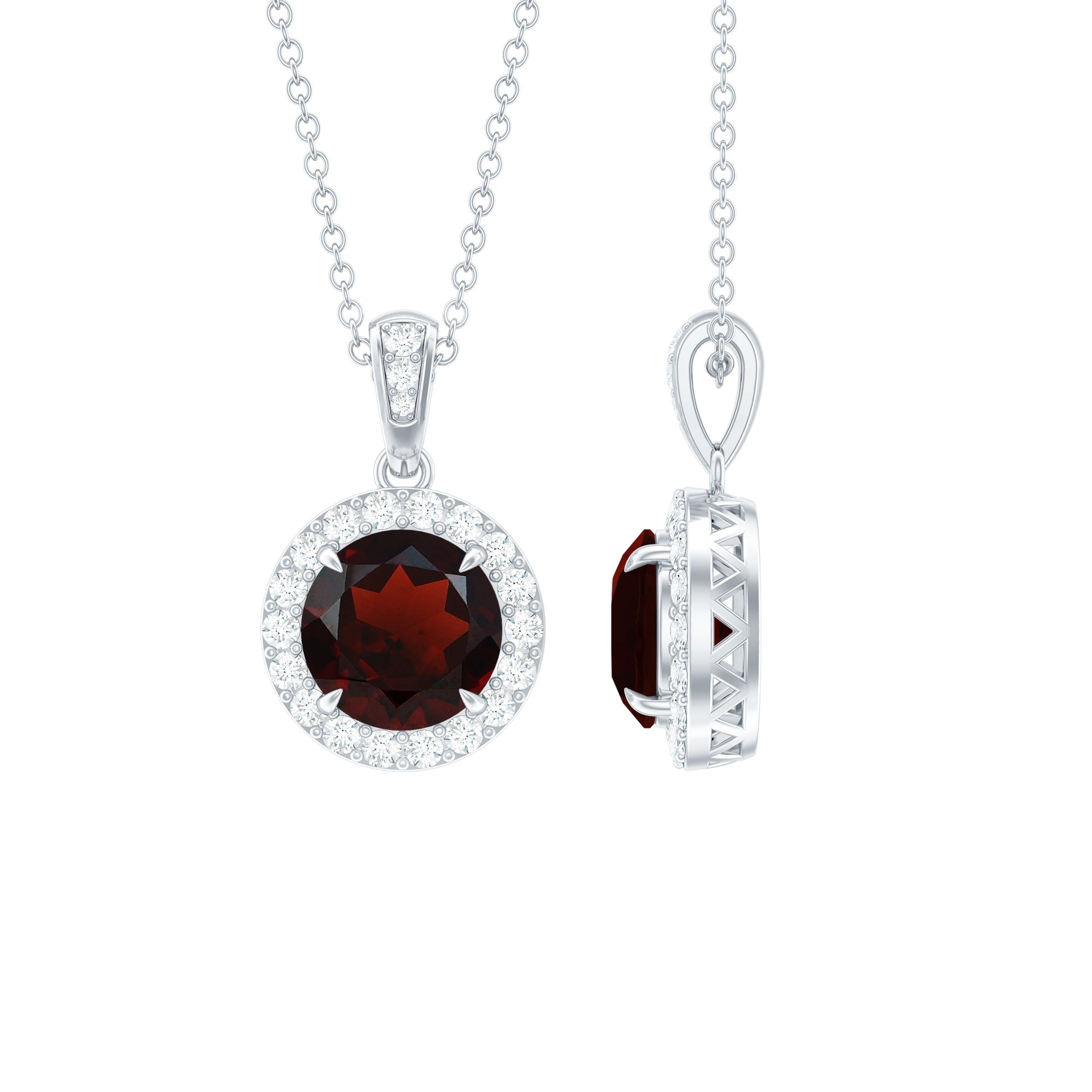 Round Cut 8 MM Garnet and Moissanite Halo Pendant Necklace with Chain