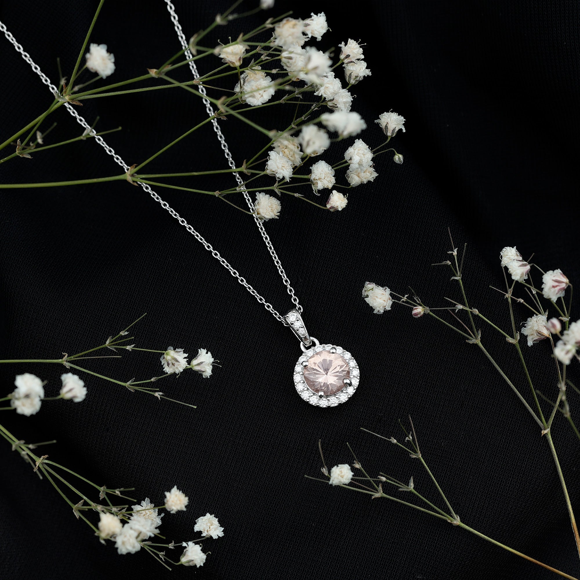 Natural 8mm Peach Morganite Solitaire Necklace With Silver Chain