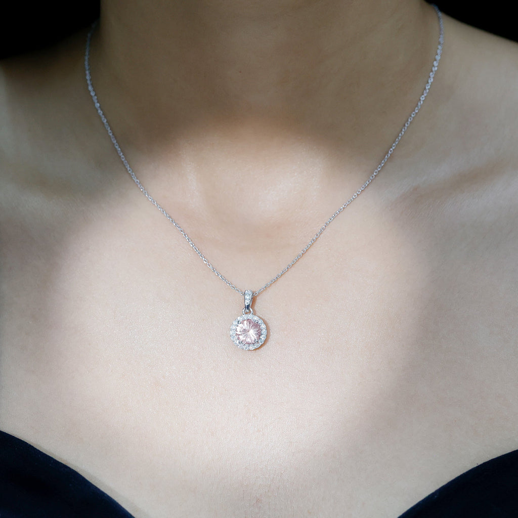 Natural 8mm Peach Morganite Solitaire Necklace With Silver Chain