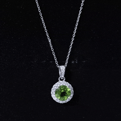 Natural Peridot and Moissanite Halo Necklace with Silver Chain