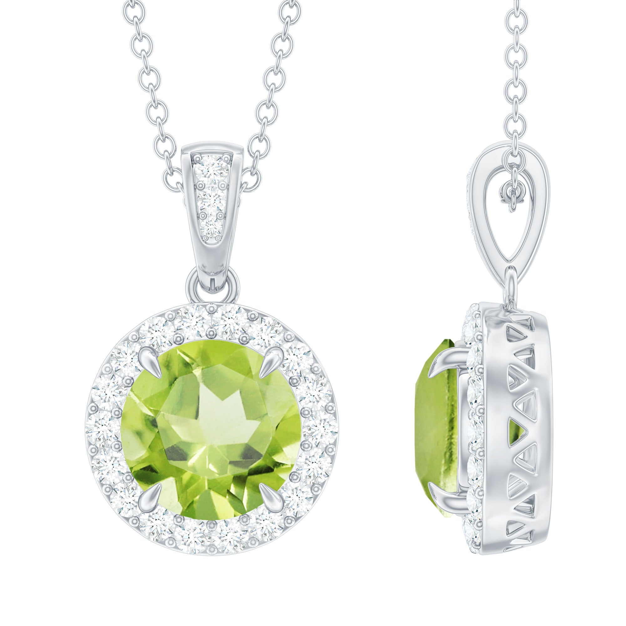 Natural Peridot and Moissanite Halo Necklace with Silver Chain
