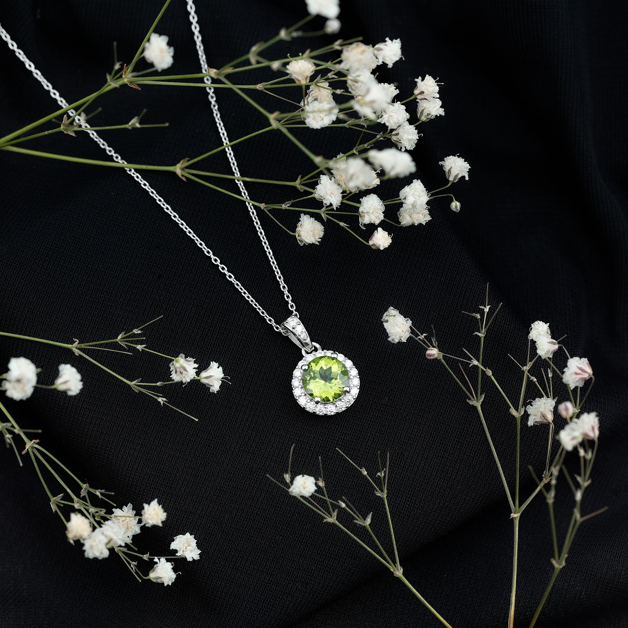 Natural Peridot and Moissanite Halo Necklace with Silver Chain