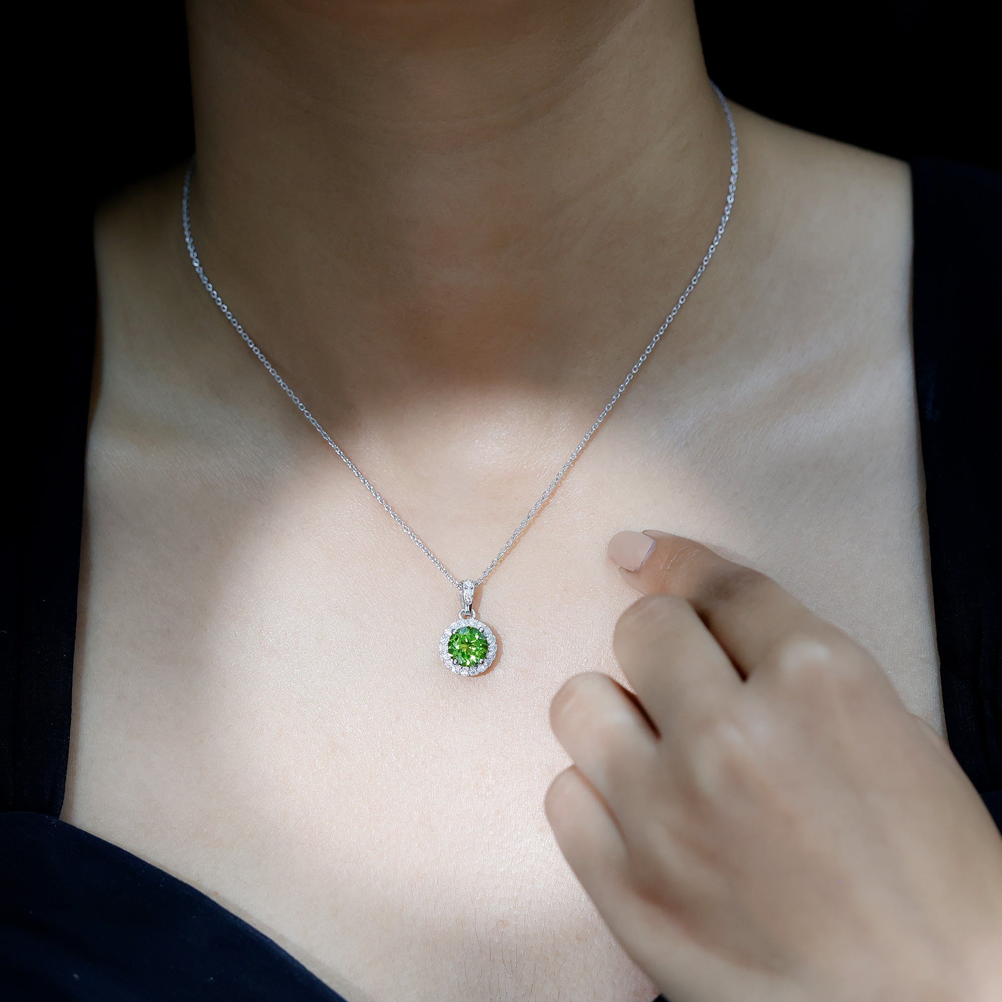 Natural Peridot and Moissanite Halo Necklace with Silver Chain