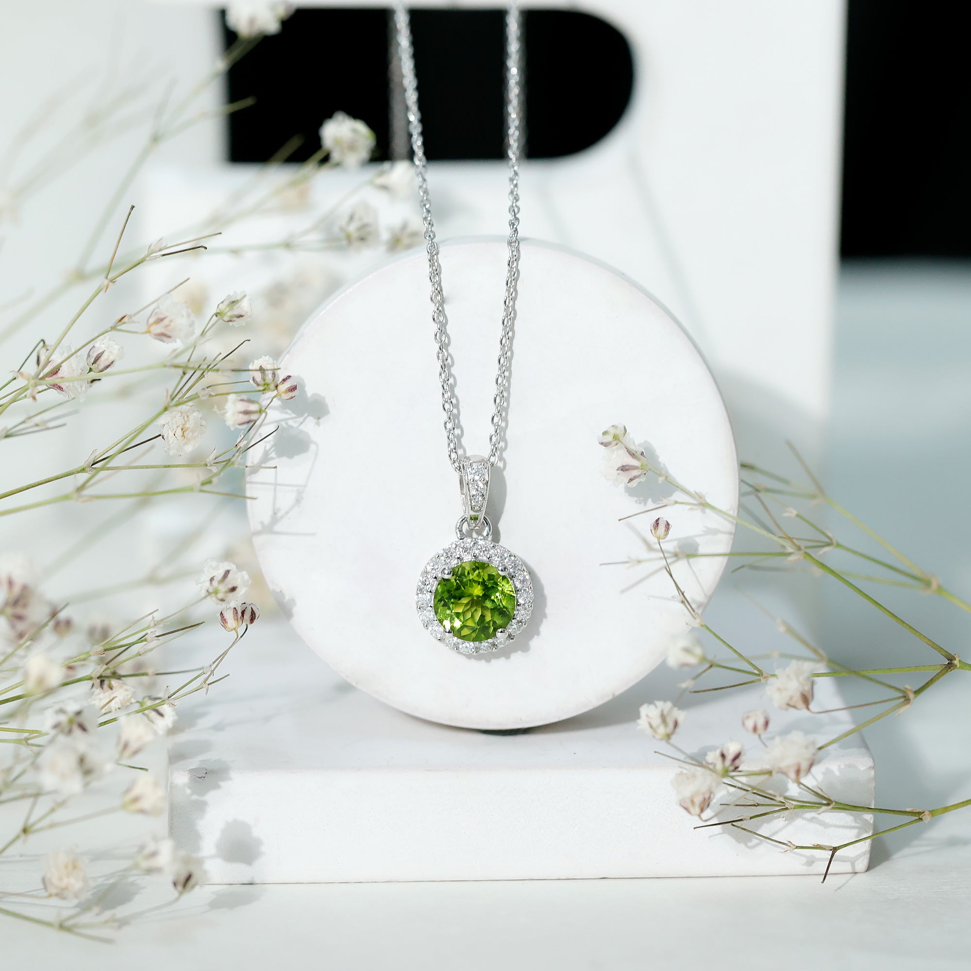 Natural Peridot and Moissanite Halo Necklace with Silver Chain