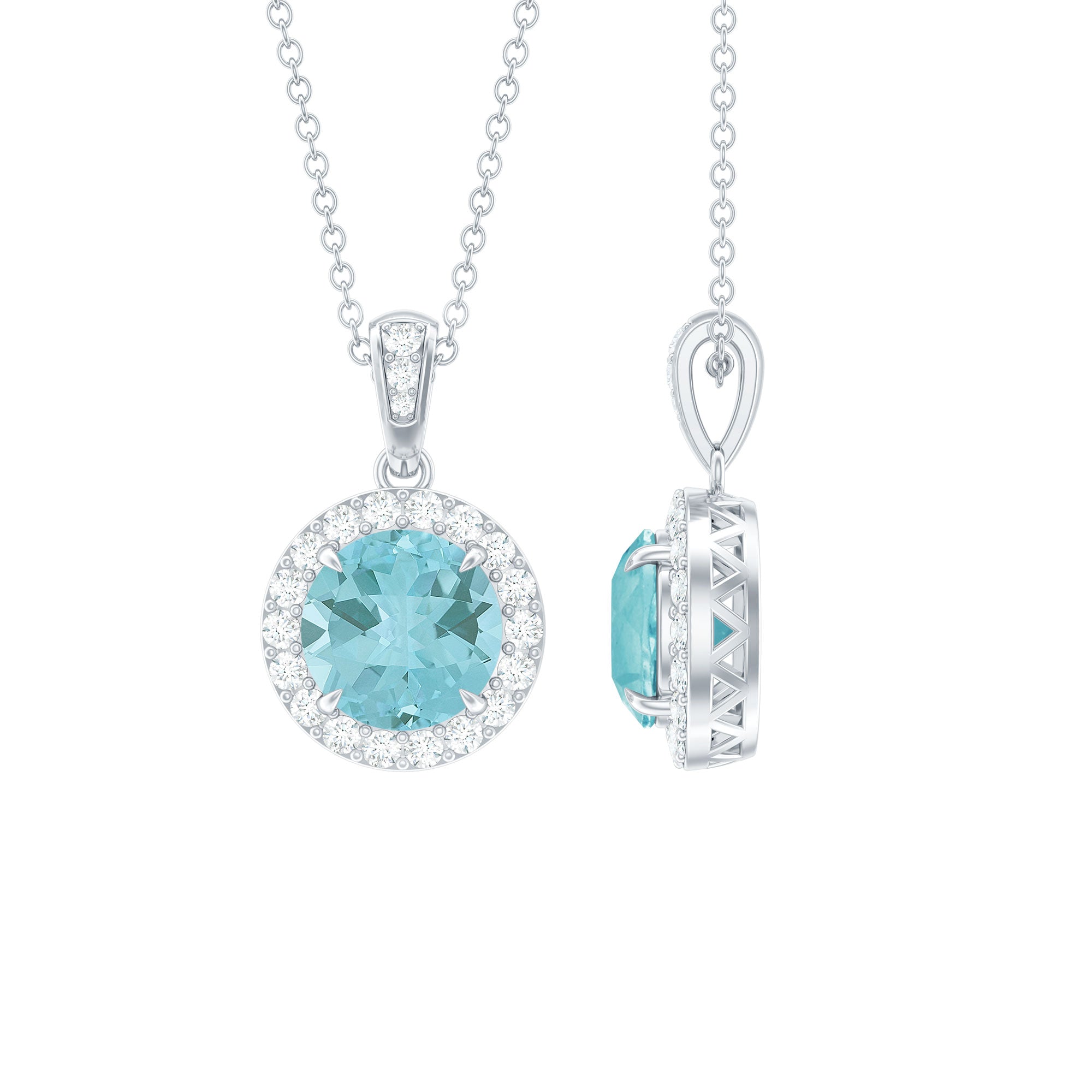 Round Cut 2 CT Sky Blue Topaz and Moissanite Halo Pendant Necklace
