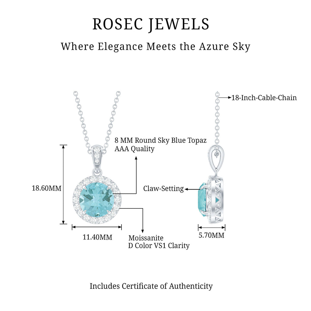 Round Cut 2 CT Sky Blue Topaz and Moissanite Halo Pendant Necklace