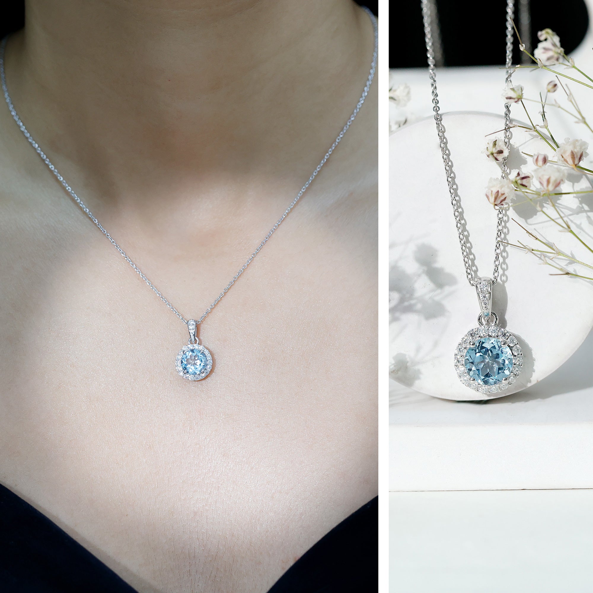 Round Cut 2 CT Sky Blue Topaz and Moissanite Halo Pendant Necklace