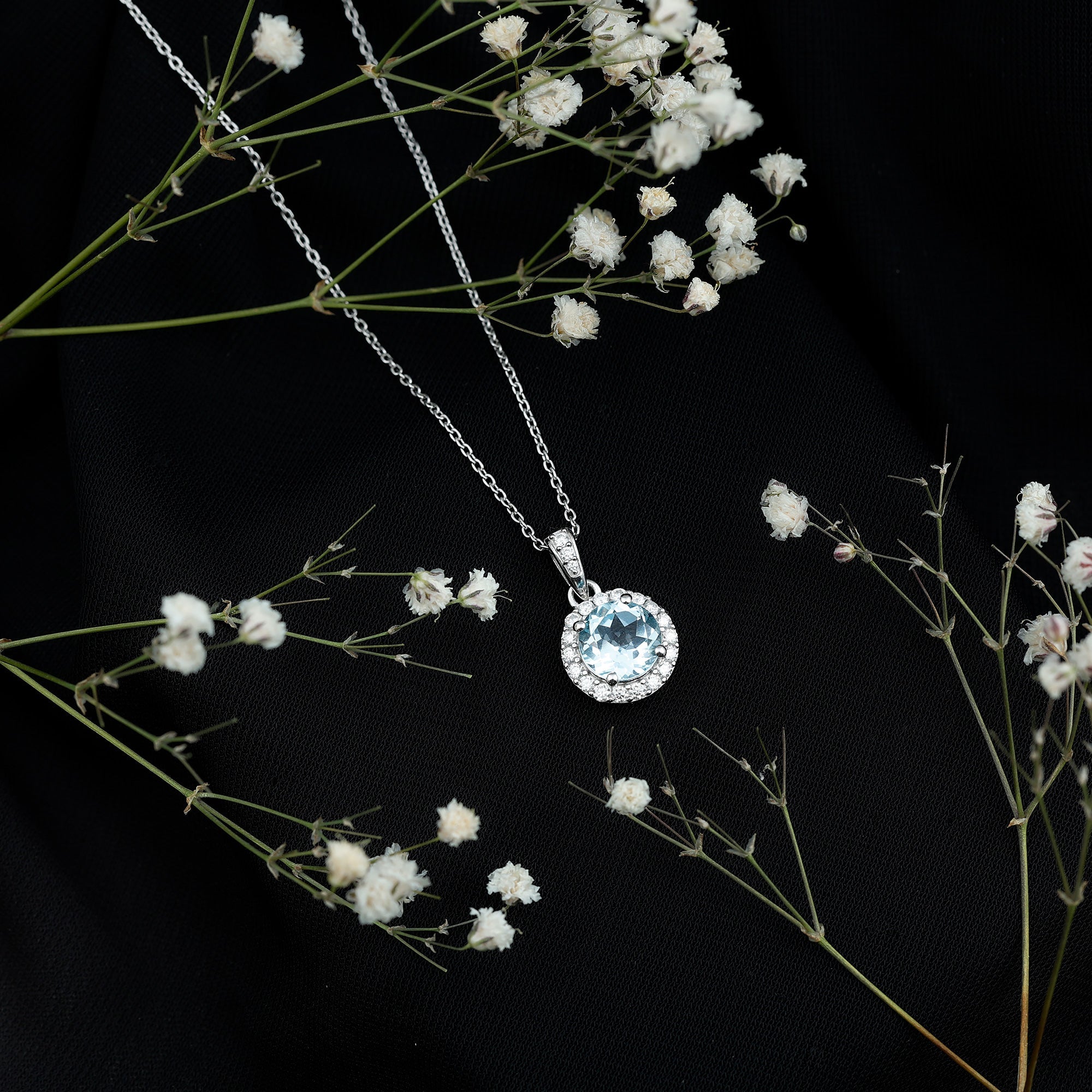 Round Cut 2 CT Sky Blue Topaz and Moissanite Halo Pendant Necklace