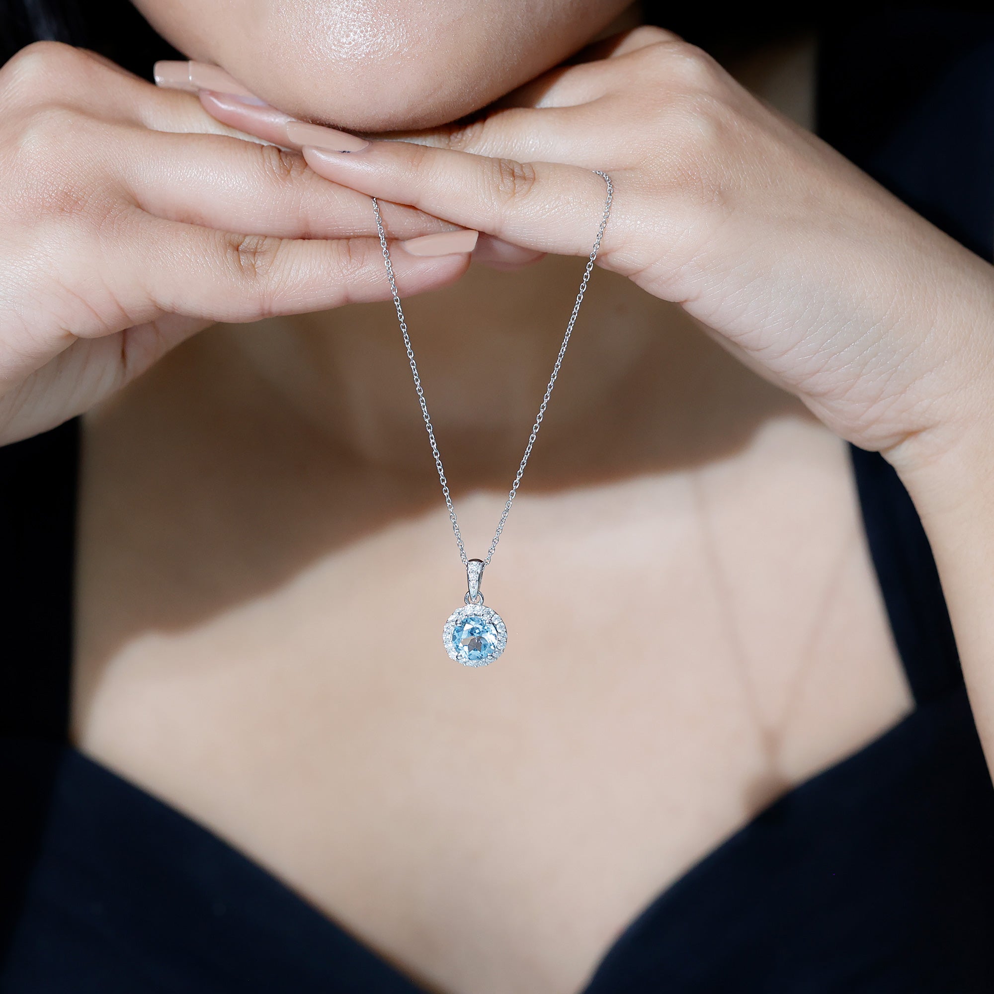 Round Cut 2 CT Sky Blue Topaz and Moissanite Halo Pendant Necklace