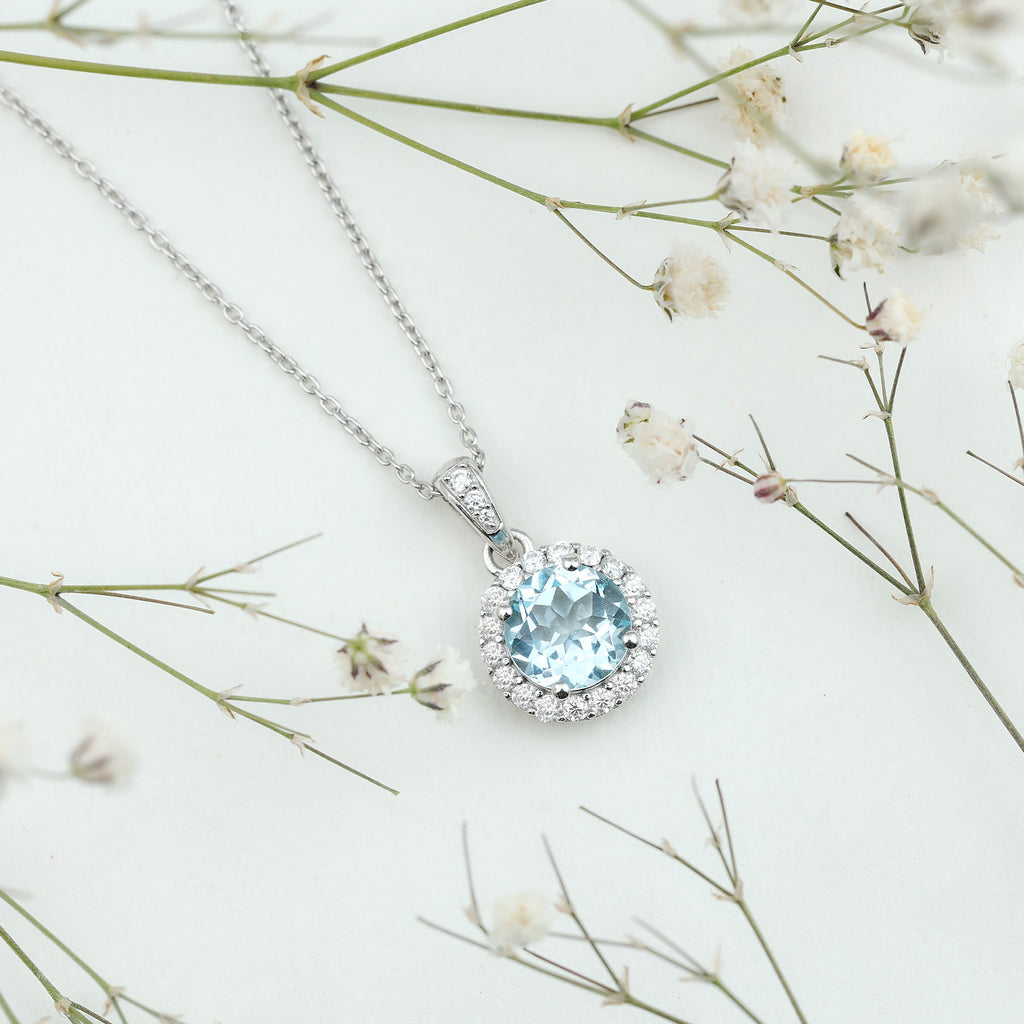 Round Cut 2 CT Sky Blue Topaz and Moissanite Halo Pendant Necklace
