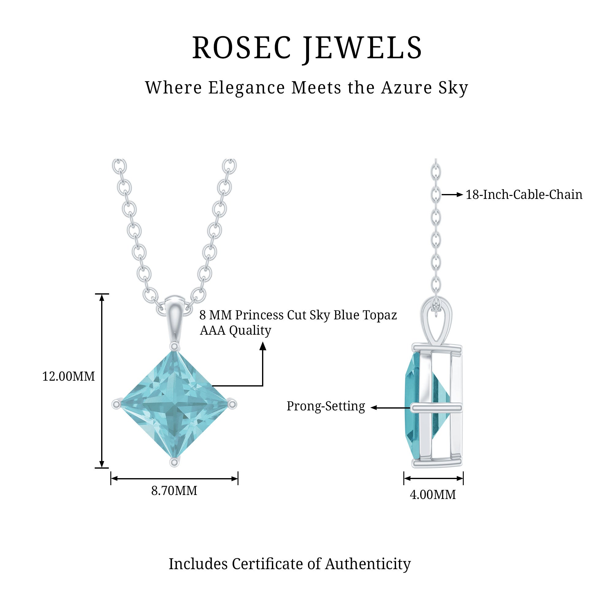 Princess Cut Sky Blue Topaz Solitaire Necklace with Chain