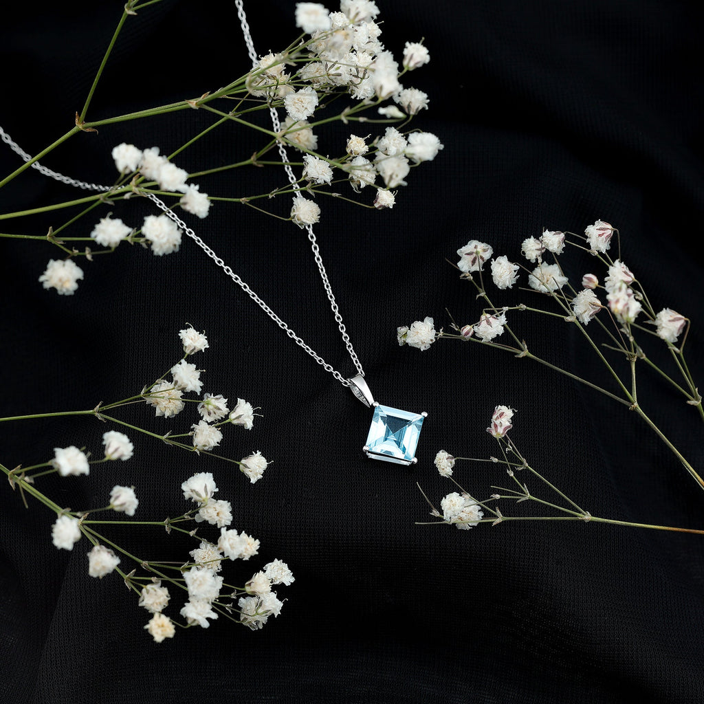 Princess Cut Sky Blue Topaz Solitaire Necklace with Chain