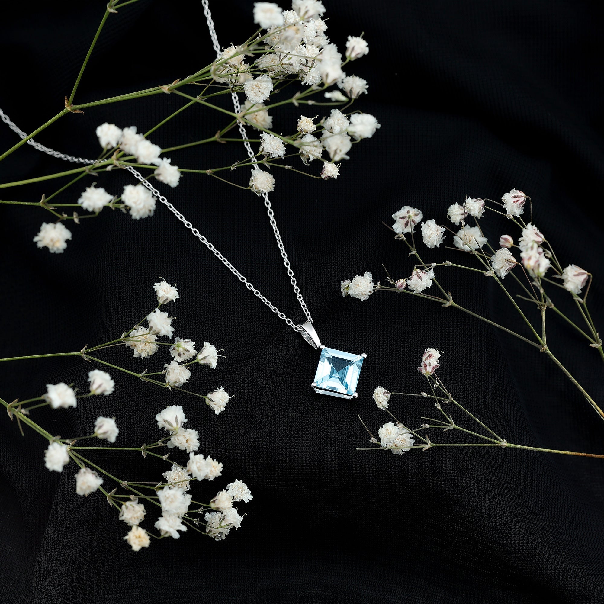 Princess Cut Sky Blue Topaz Solitaire Necklace with Chain