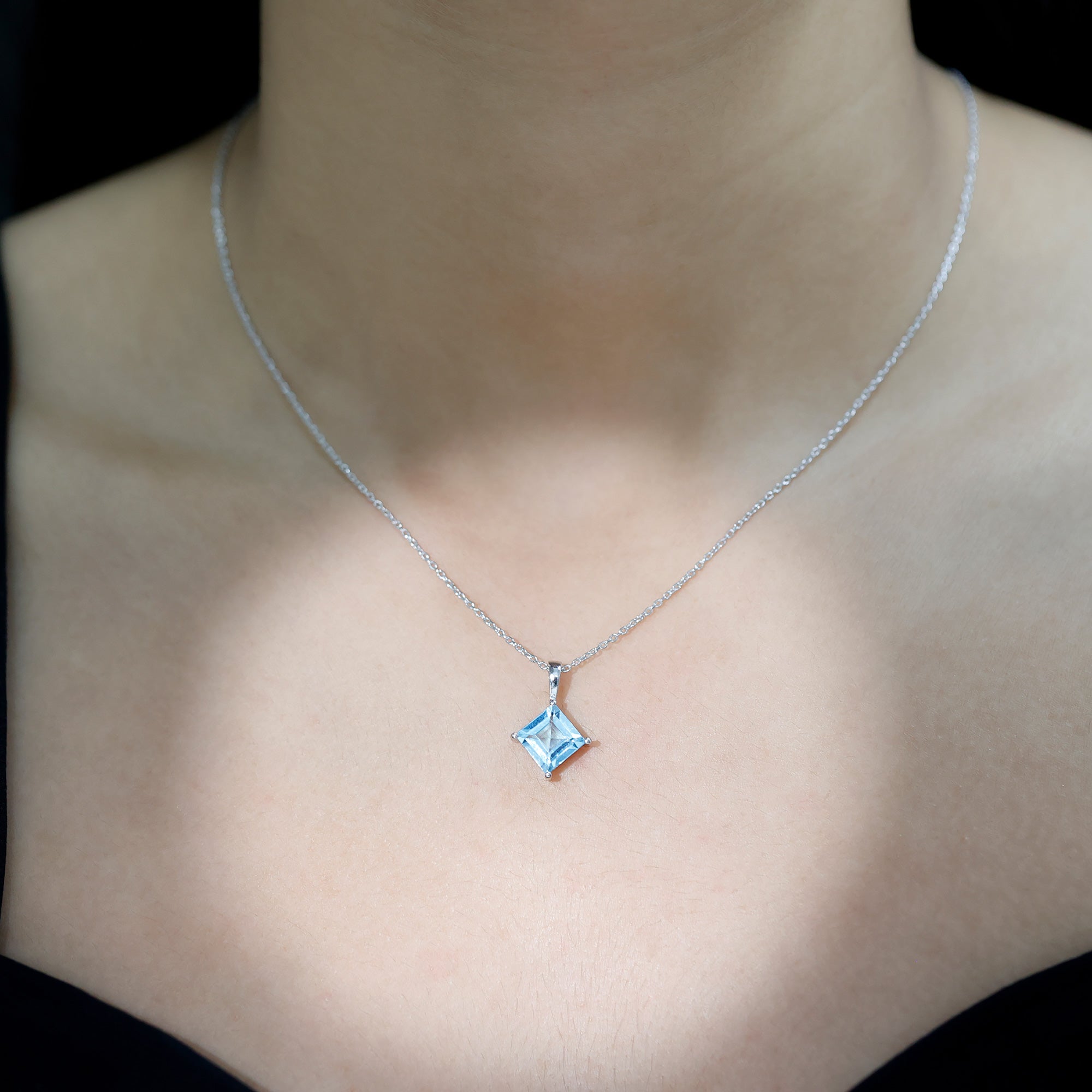 Princess Cut Sky Blue Topaz Solitaire Necklace with Chain