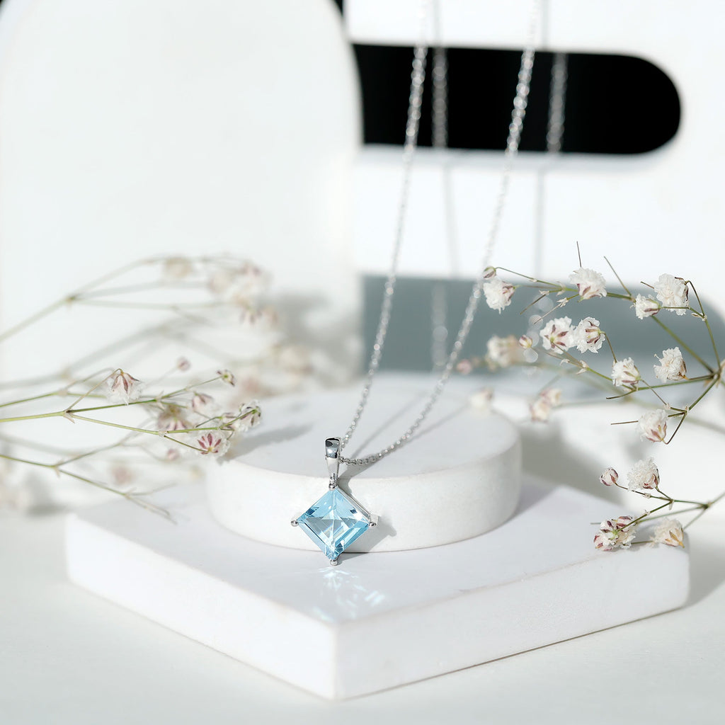 Princess Cut Sky Blue Topaz Solitaire Necklace with Chain