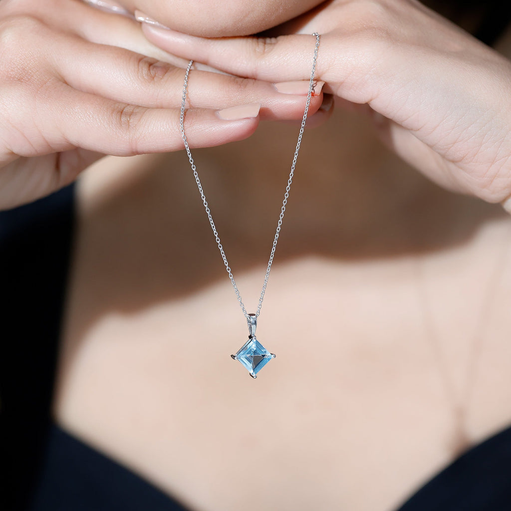 Princess Cut Sky Blue Topaz Solitaire Necklace with Chain