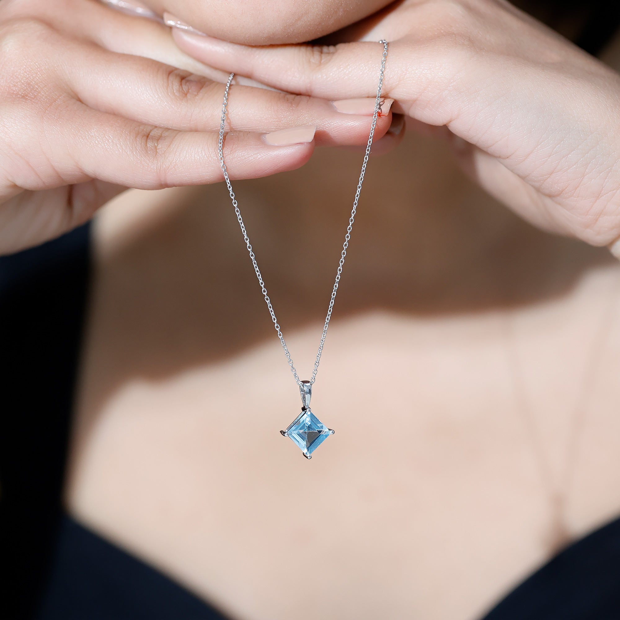 Princess Cut Sky Blue Topaz Solitaire Necklace with Chain