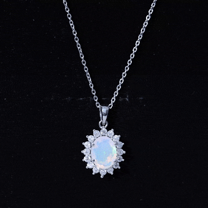 Oval 7X9 MM Rainbow Opal Moissanite Halo Pendant Necklace
