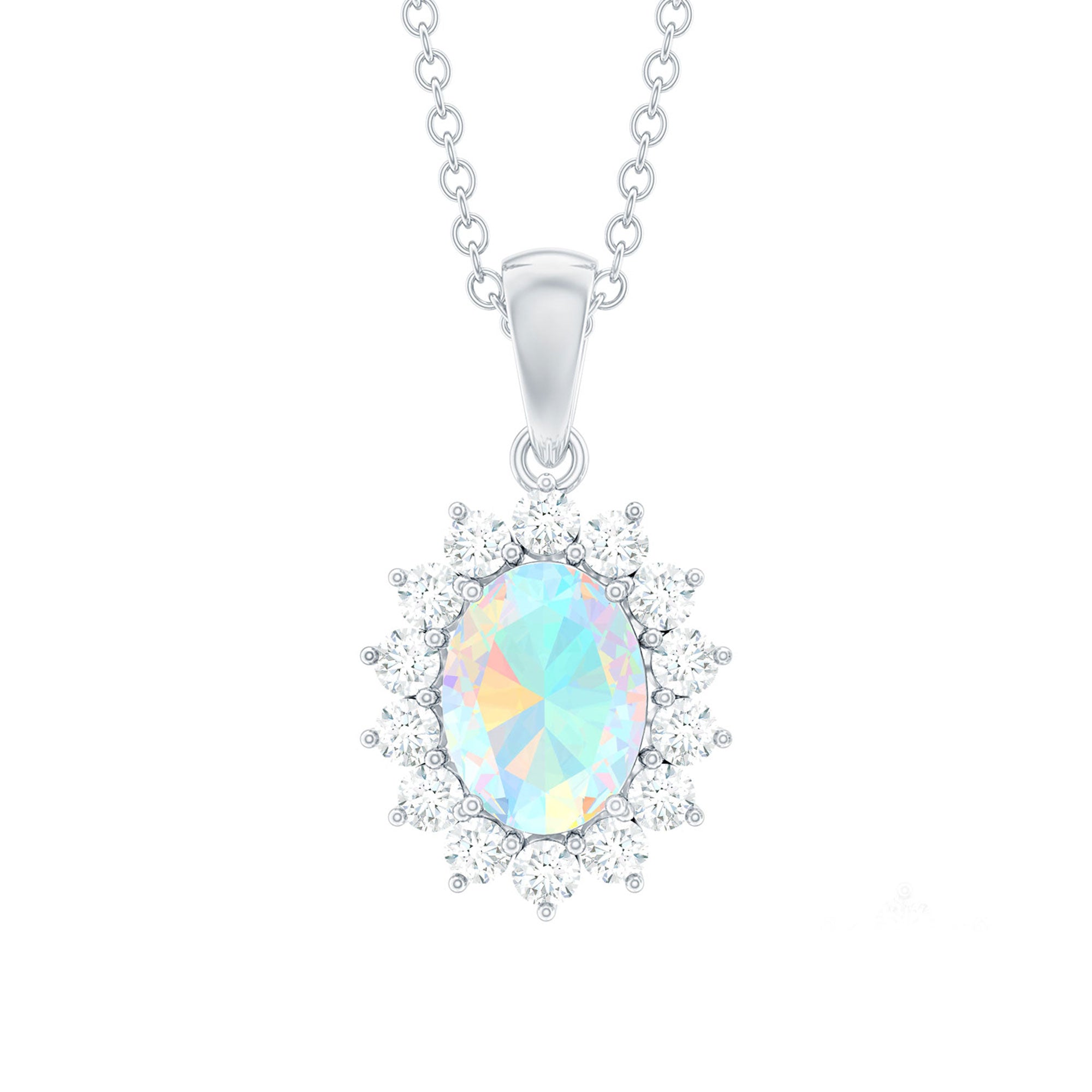 Oval 7X9 MM Rainbow Opal Moissanite Halo Pendant Necklace