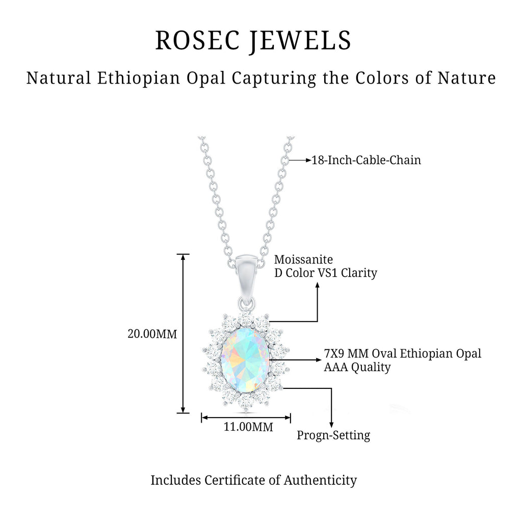 Oval 7X9 MM Rainbow Opal Moissanite Halo Pendant Necklace