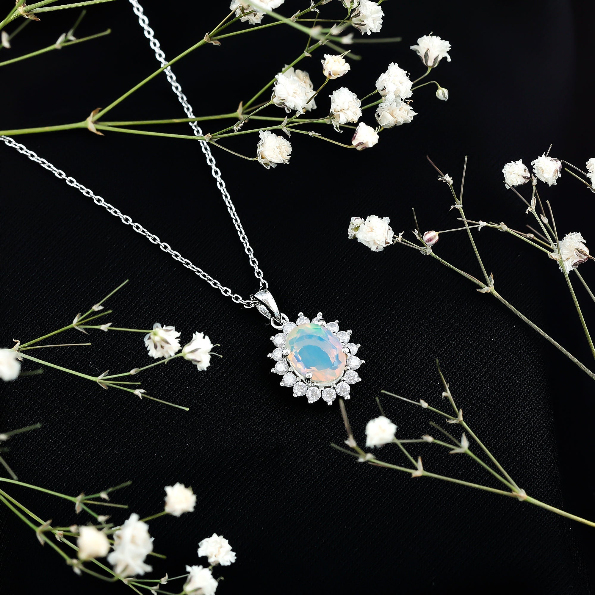 Oval 7X9 MM Rainbow Opal Moissanite Halo Pendant Necklace