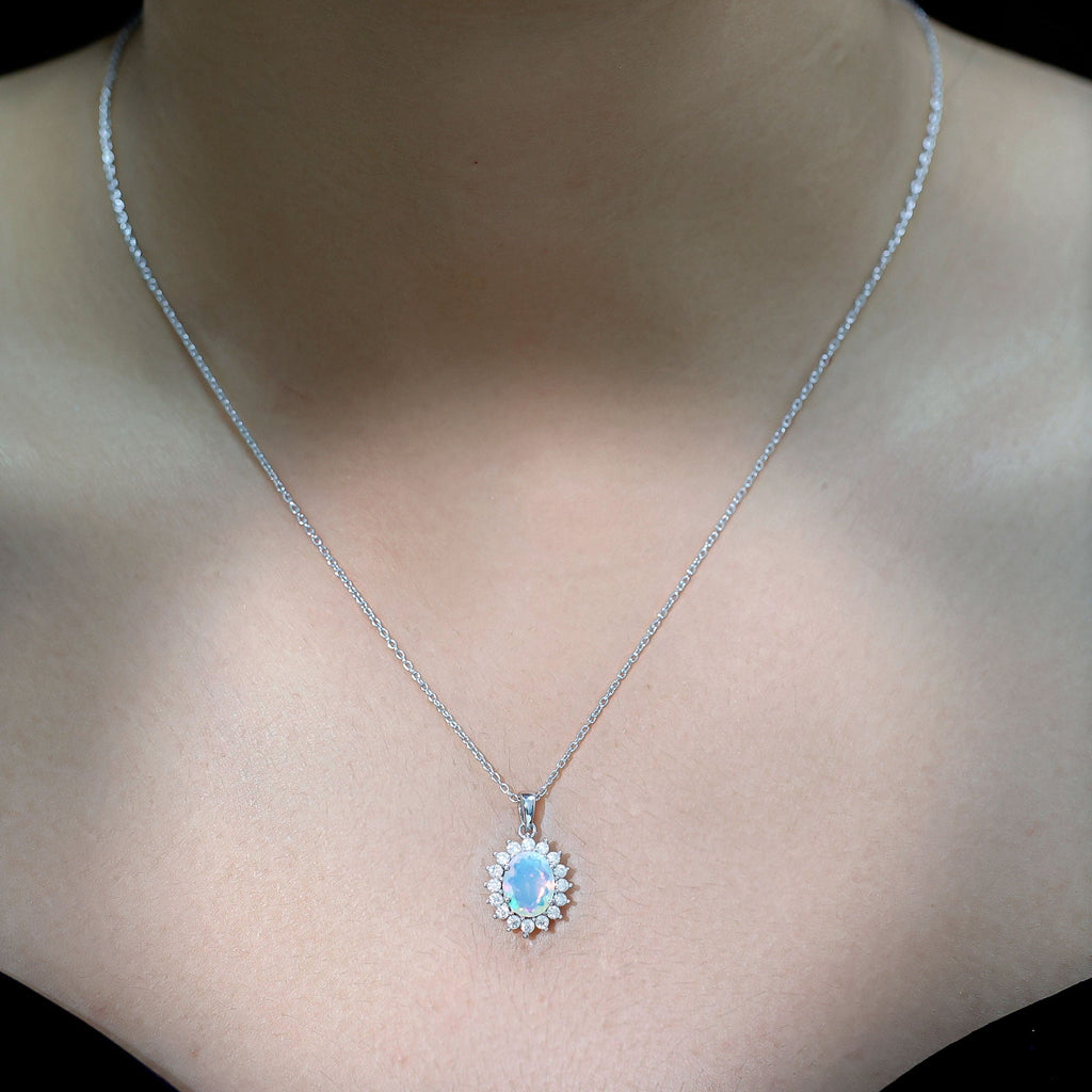 Oval 7X9 MM Rainbow Opal Moissanite Halo Pendant Necklace