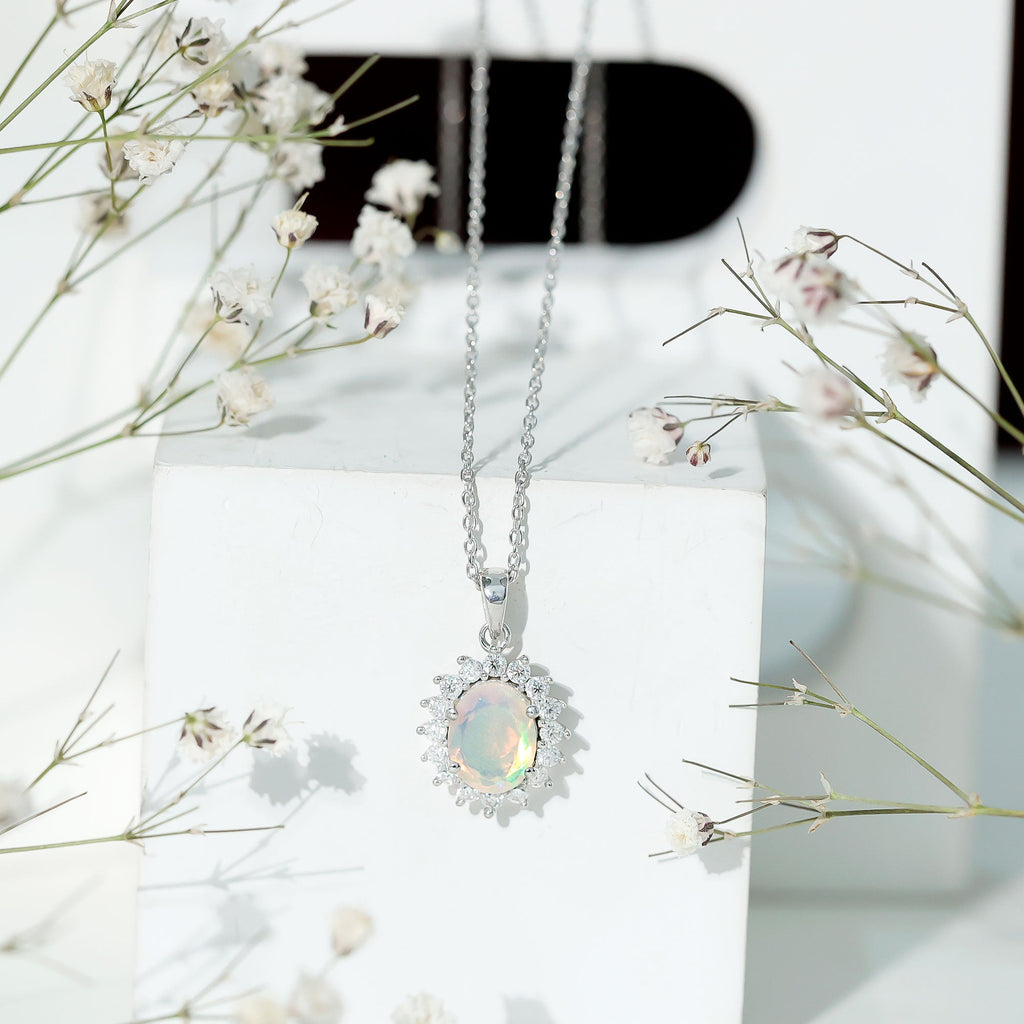 Oval 7X9 MM Rainbow Opal Moissanite Halo Pendant Necklace