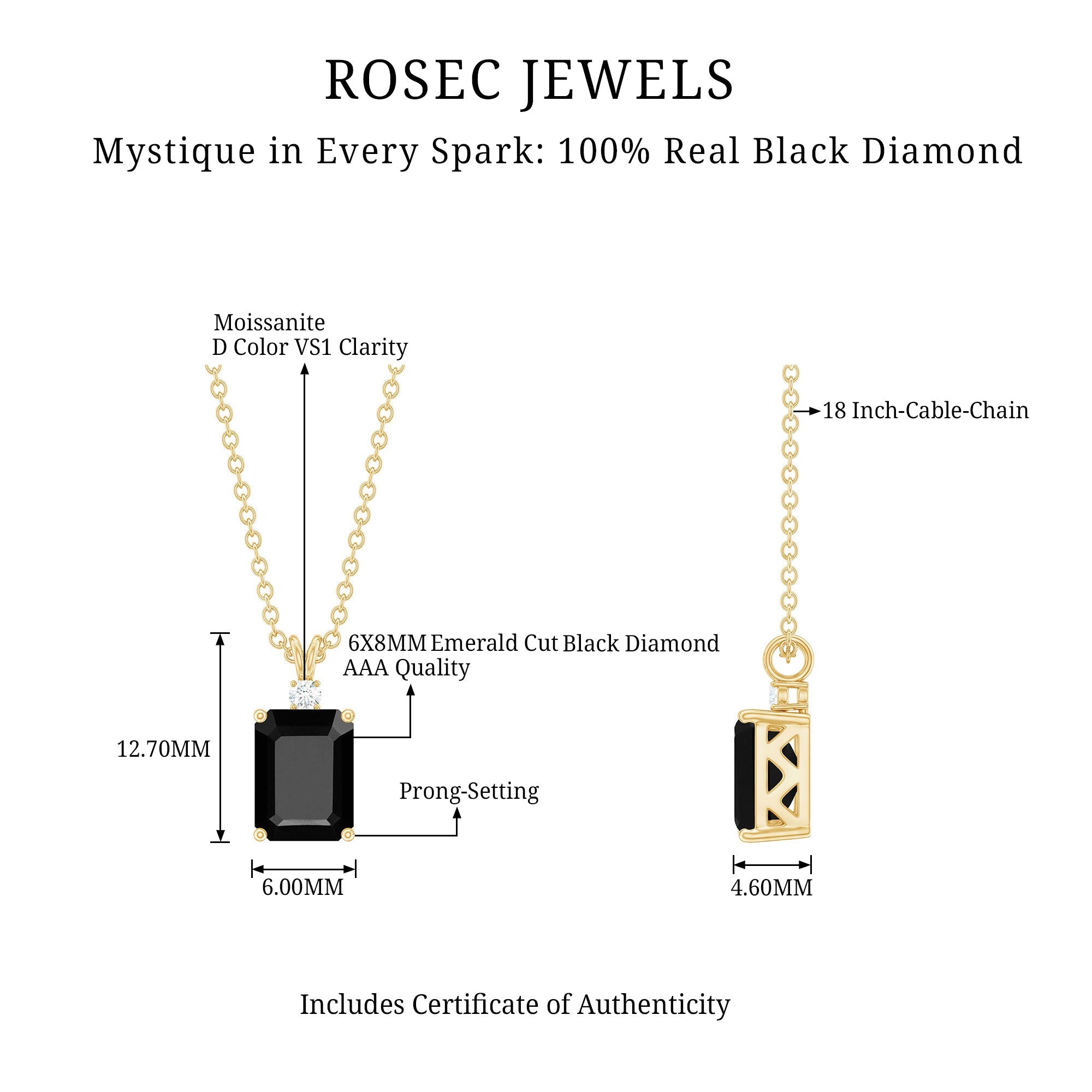 Genuine Black Diamond Solitaire Necklace for Women