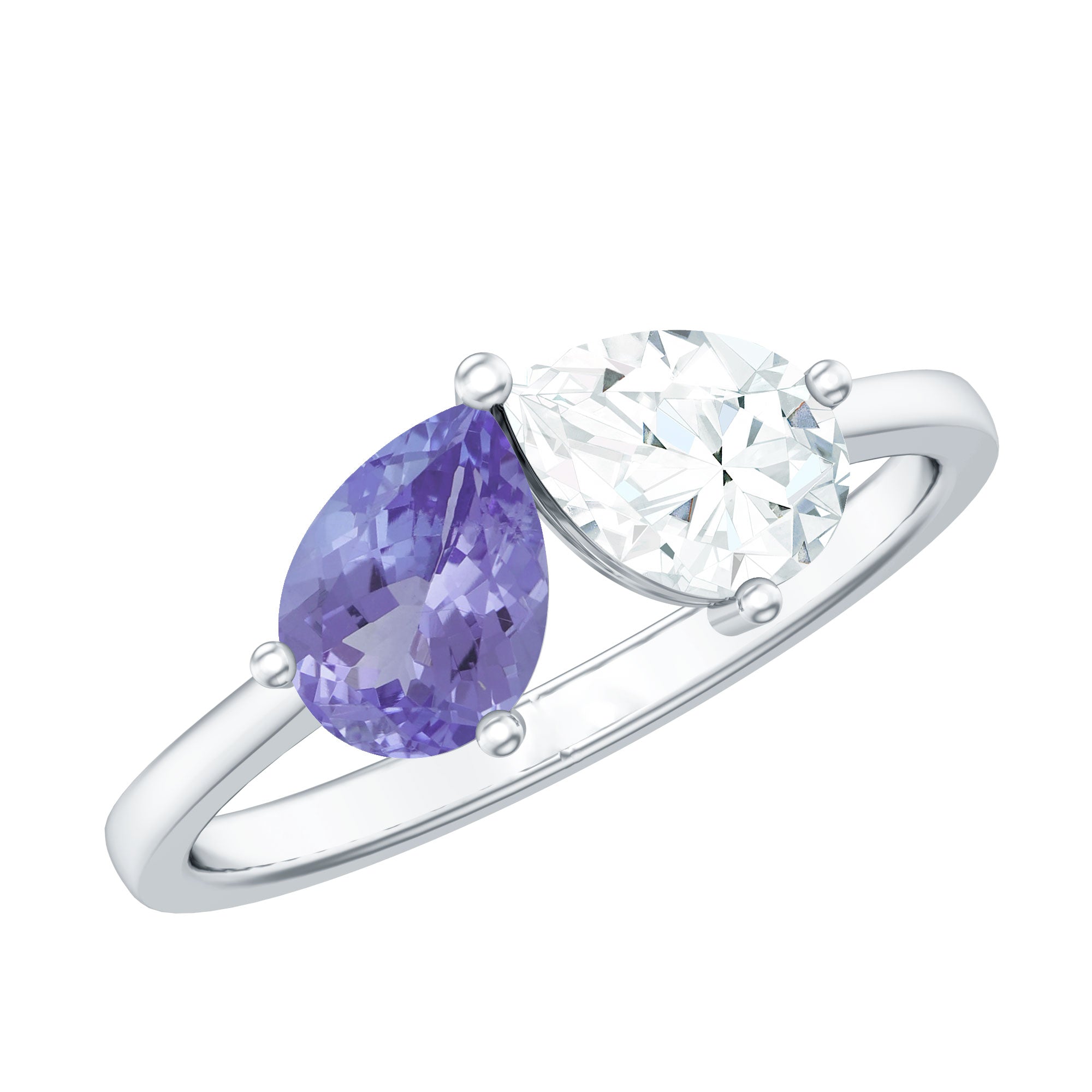 Pear Shaped Tanzanite Moissanite Two Stone Promise Ring in Silver