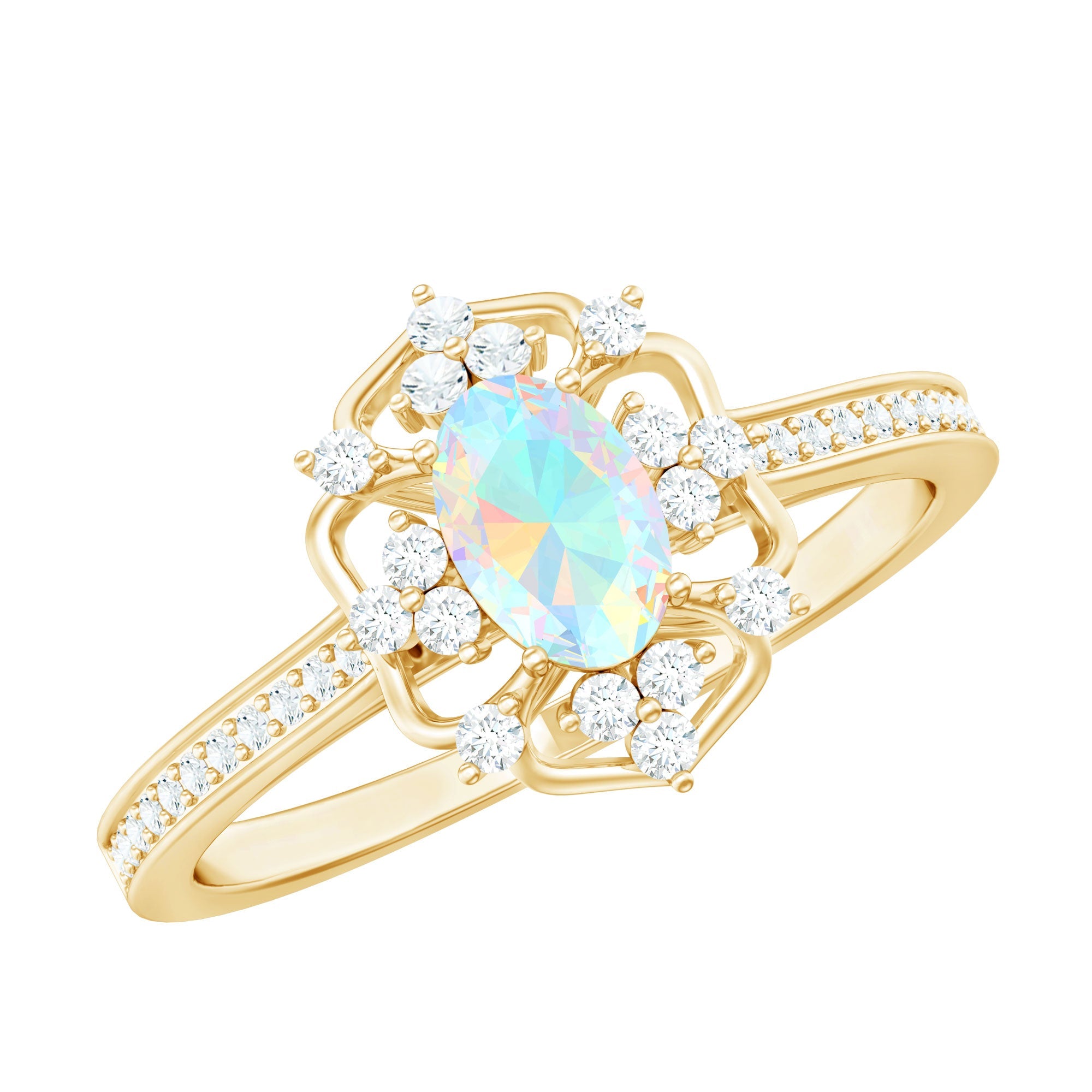Oval Shaped Ethiopian Opal Vintage Engagement Ring with Lab Diamond