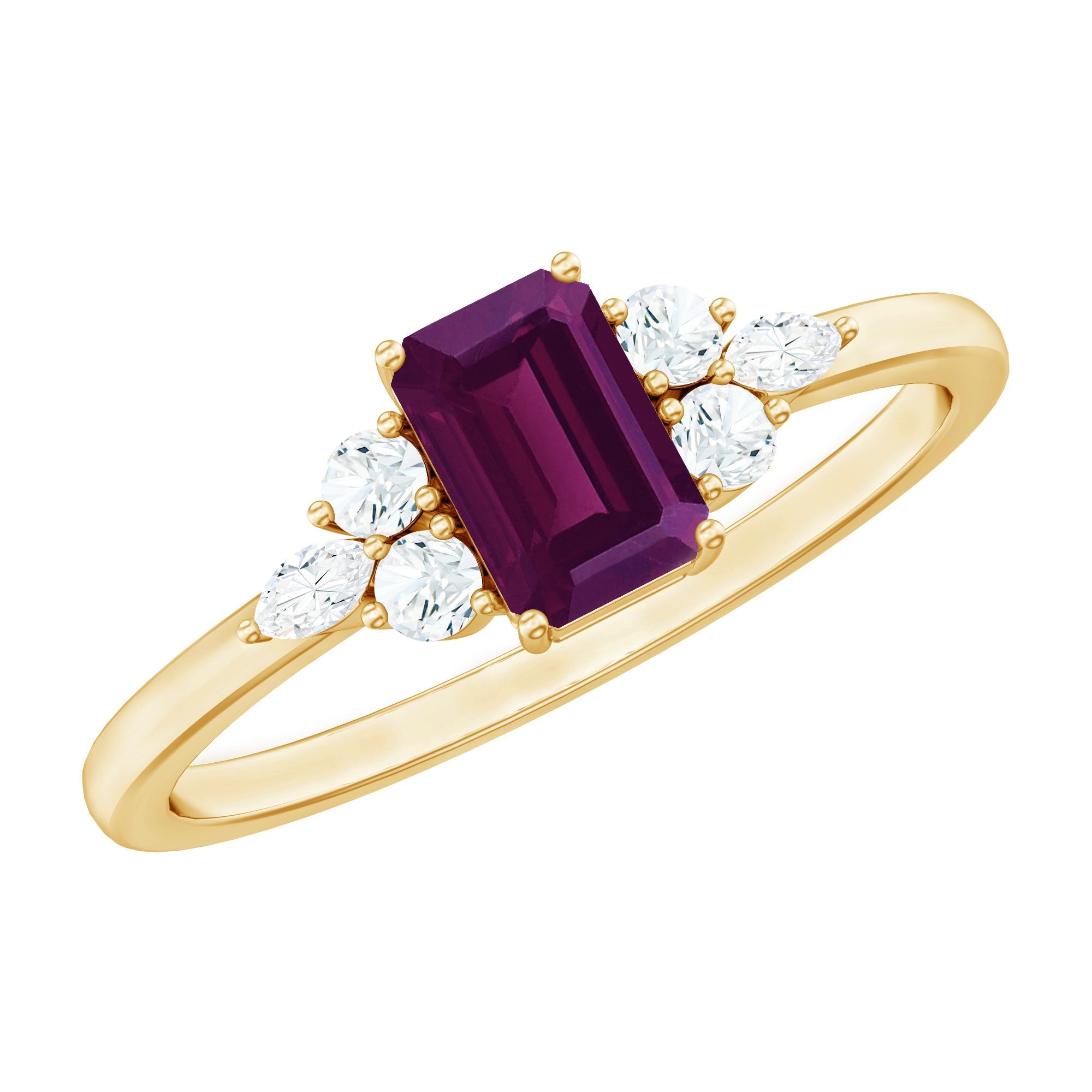 Certified Rhodolite Emerald Cut Engagement Ring with Diamond Trio