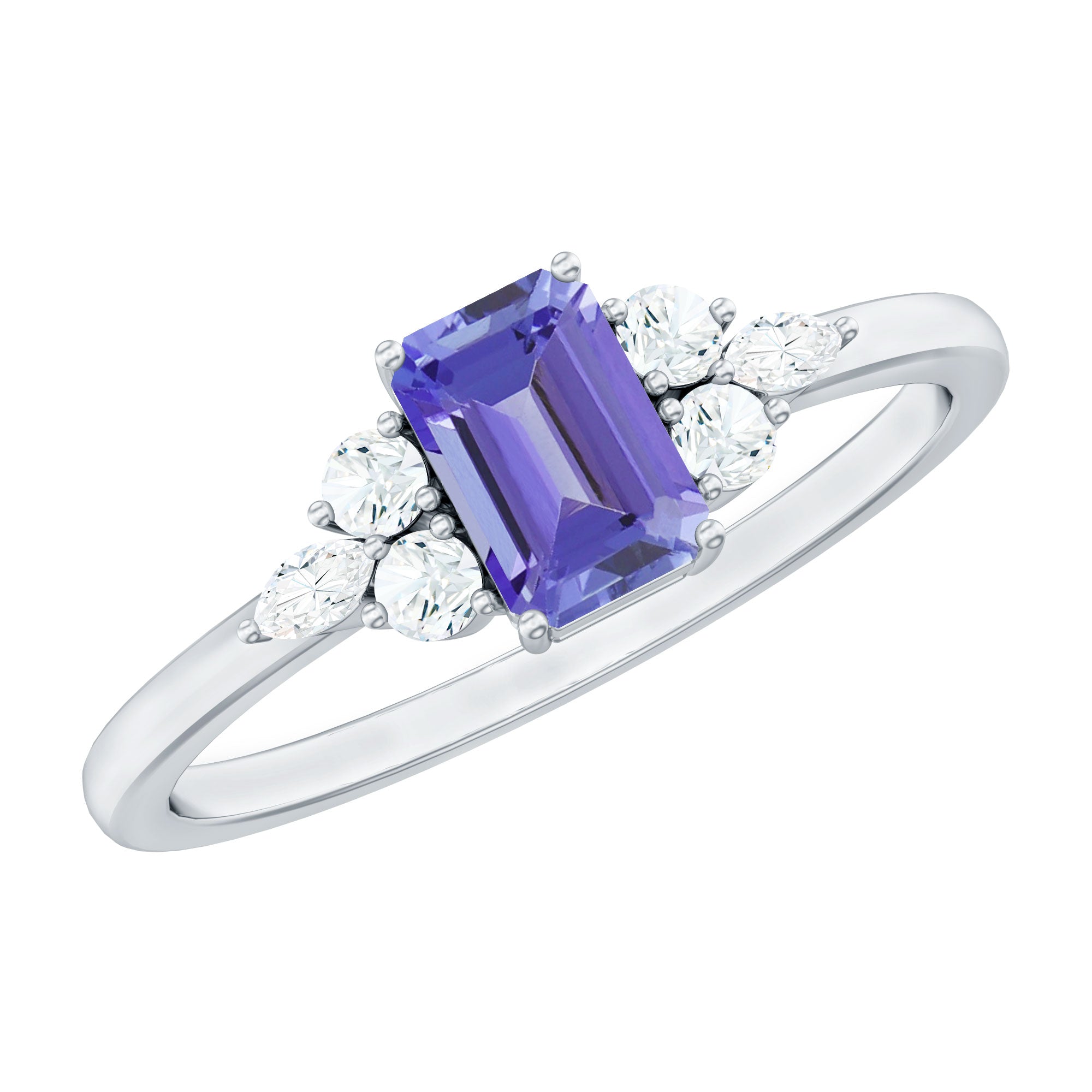 Emerald Cut Tanzanite and Diamond Promise Ring in Silver