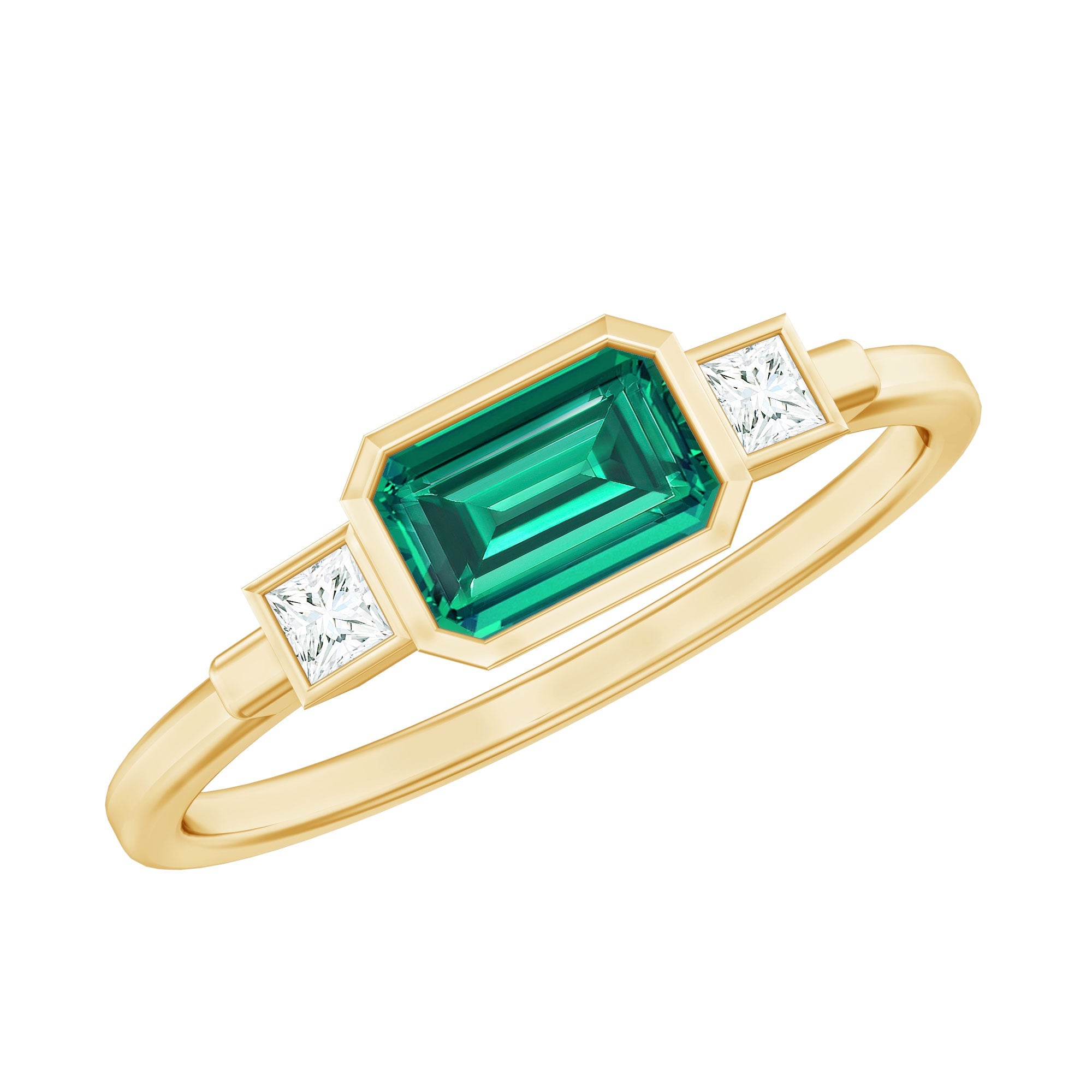 Lab Grown Emerald and Diamond East West Ring in Gold Plated Silver