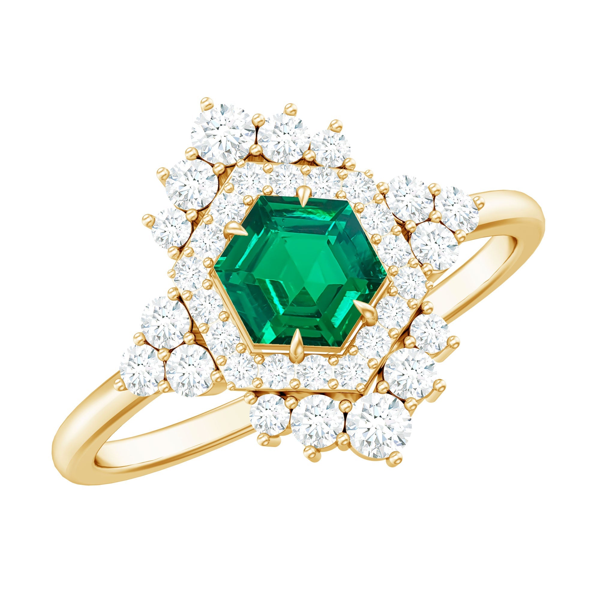 Vintage Looking Lab Created Emerald and Diamond Engagement Ring in Silver