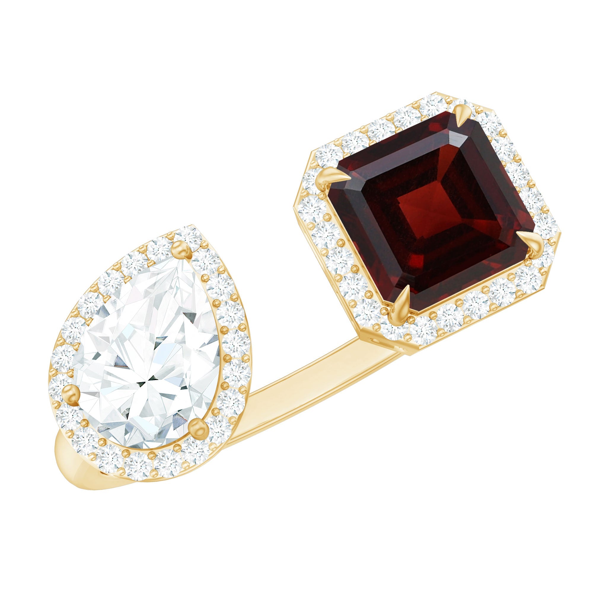 Natural Garnet Toi Et Moi Engagement Ring with Moissanite in Yellow Gold Plated Silver