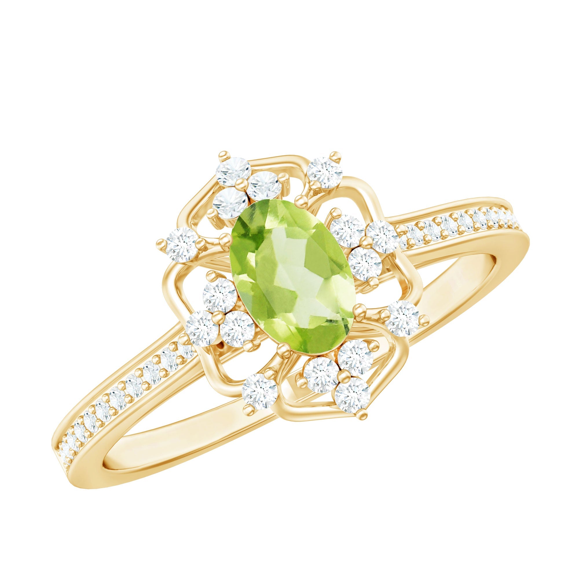 Peridot and Diamond Vintage Looking Engagement Ring
