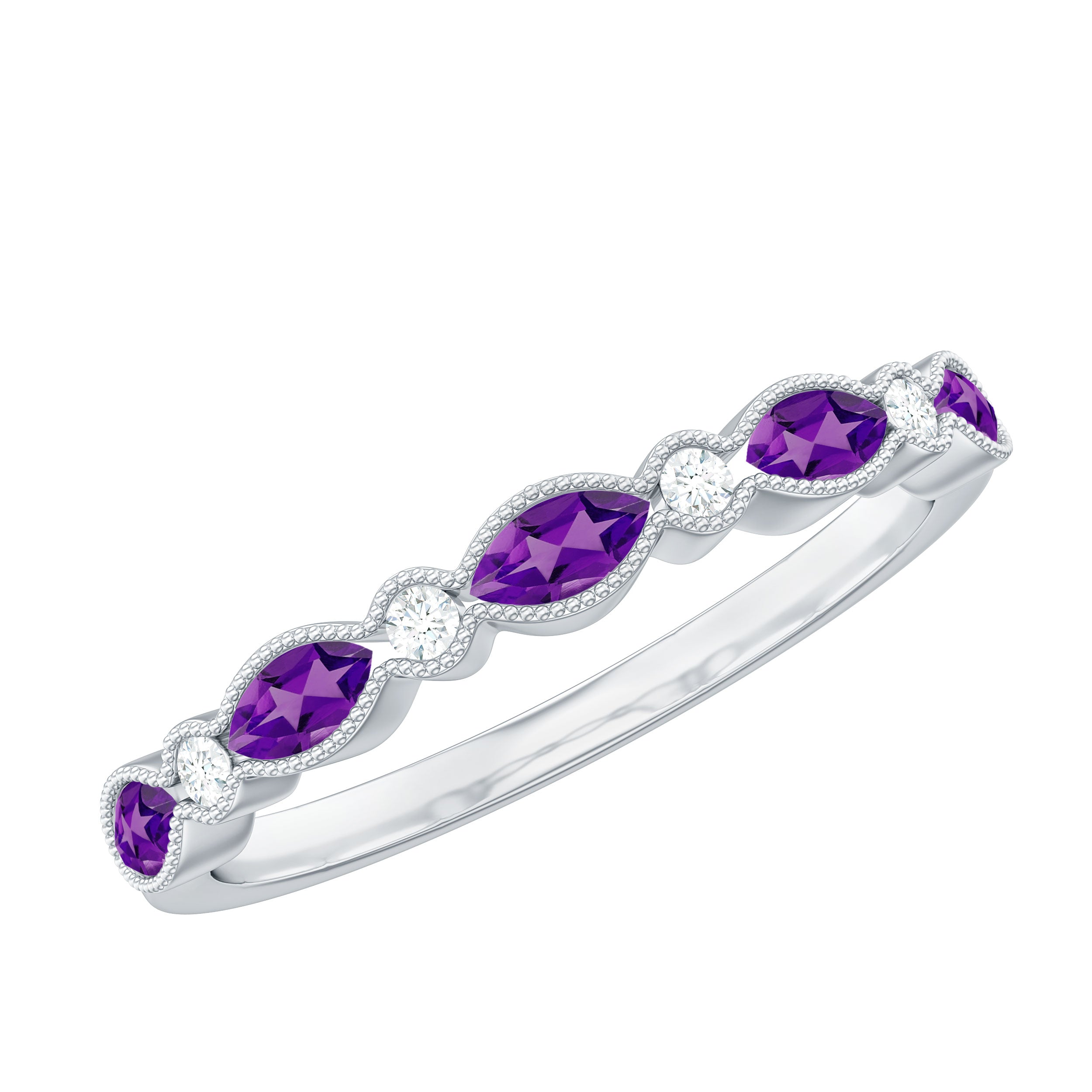Real Amethyst and Moissanite Half Eternity Ring in Silver