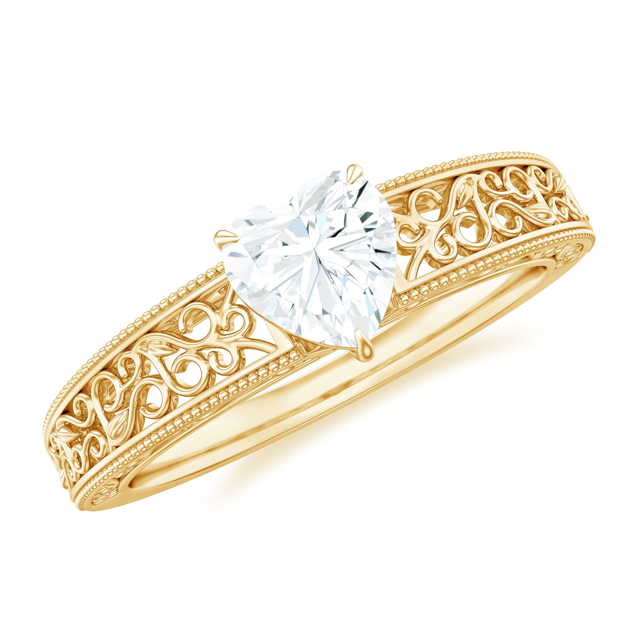 Vintage Inspired Heart Shape Lab Grown Diamond Solitaire Filigree Ring