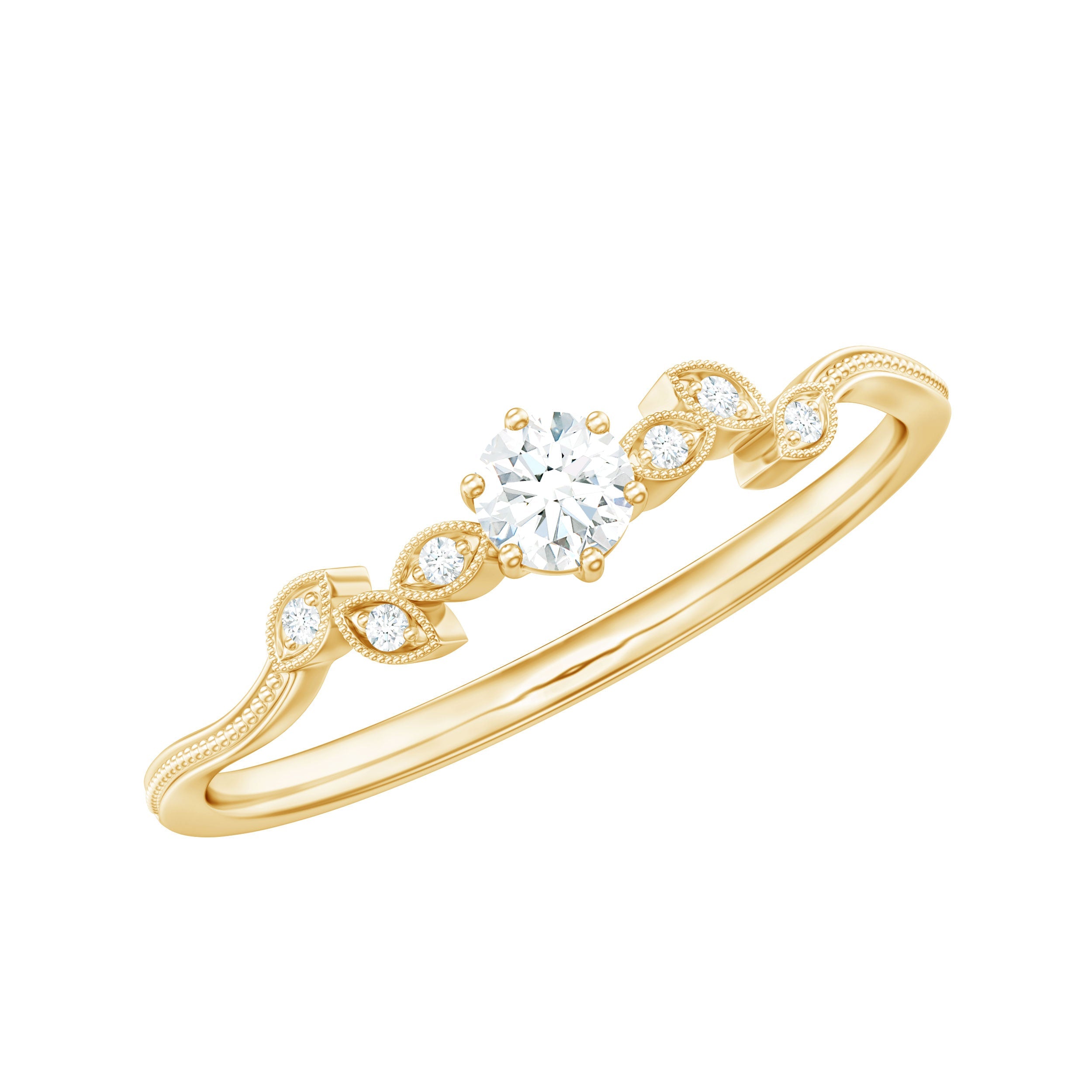 Minimal Lab Grown Diamond Leaf Ring with Beaded Detailing